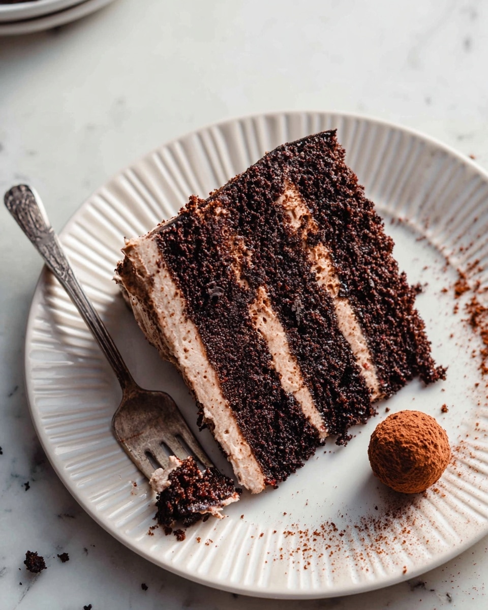 A four-layer dark chocolate cake with thick, creamy light brown frosting between each layer and covering the outside. On top, there are several round chocolate truffles dusted with cocoa powder, lined up near the edge. The top frosting is smooth with small swirls and dark chocolate drizzles scattered around. The cake is partially sliced, showing the moist inside layers and a few crumbs on the white marbled surface below, along with some chocolate drizzle and cocoa powder. photo taken with an iphone --ar 4:5 --v 7
