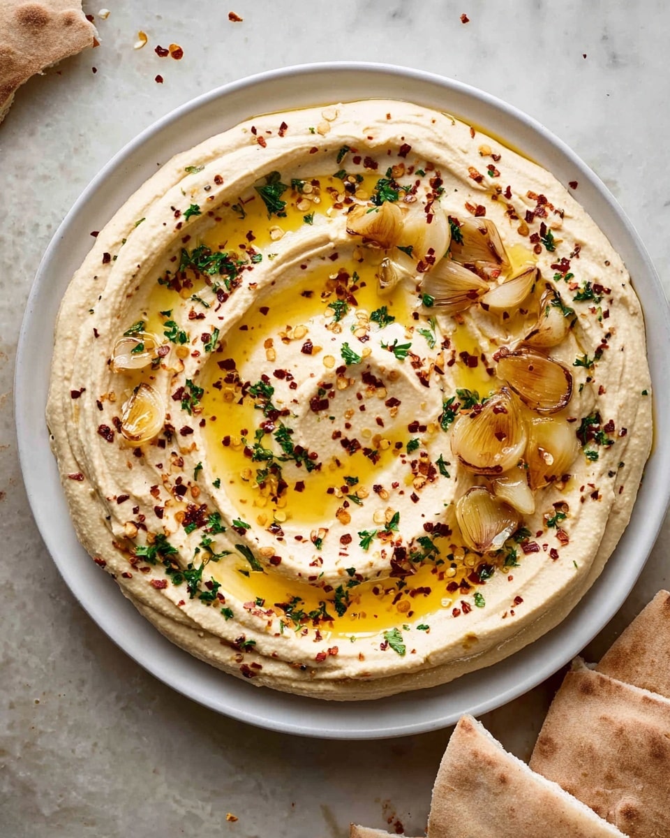 A white plate with a thick, creamy layer of light beige hummus spread in a circular pattern, topped with a drizzle of golden olive oil that pools in the swirls, scattered roasted garlic slices with a light brown crisp, red chili flakes, and finely chopped green herbs, all set on a white marbled surface; to the right side, pieces of folded pita bread are partially visible, adding a soft texture contrast. Photo taken with an iphone --ar 4:5 --v 7