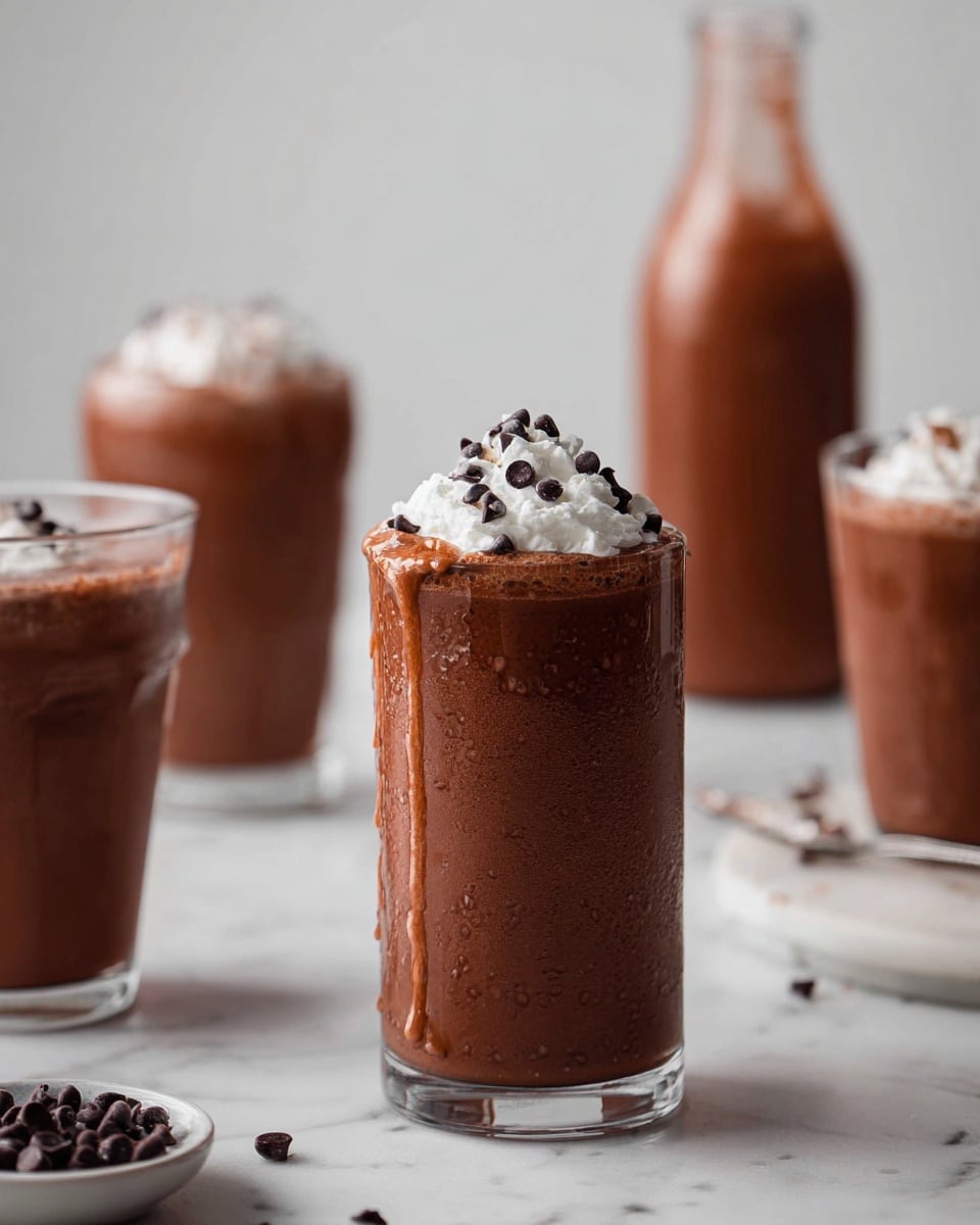The image shows five clear glasses filled with a rich, dark brown thick chocolate drink. The glass in the center is the closest and has a generous layer of white whipped cream on top, sprinkled with small dark chocolate chips, with some drink dripping down the side, showing a frosty texture on the glass. Two similar glasses with the same chocolate drink and whipped cream topping are placed to the left, one slightly blurred in the foreground and one further back. Behind the center glass, there is a tall, skinny glass and a curved bottle, both filled with the same chocolate drink but without whipped cream. A few loose chocolate chips are scattered on the white marbled surface under the glasses, and the background is plain and light, keeping the focus on the drinks. photo taken with an iphone --ar 4:5 --v 7