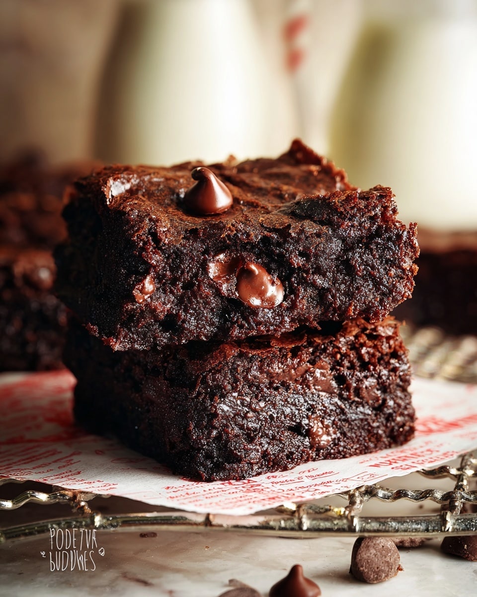 Two thick layers of rich, dark brown brownies are stacked on top of each other, separated by a thin piece of parchment paper with red text. The brownies have a moist, dense texture with melted chocolate chips embedded throughout, creating shiny spots. The top brownie has several whole chocolate chips on its uneven, slightly cracked surface. Both pieces rest on a silver wire cooling rack over a white marbled texture with scattered chocolate chips and parchment paper underneath. In the background, blurred bottles of milk create a warm, cozy atmosphere. Photo taken with an iphone --ar 4:5 --v 7