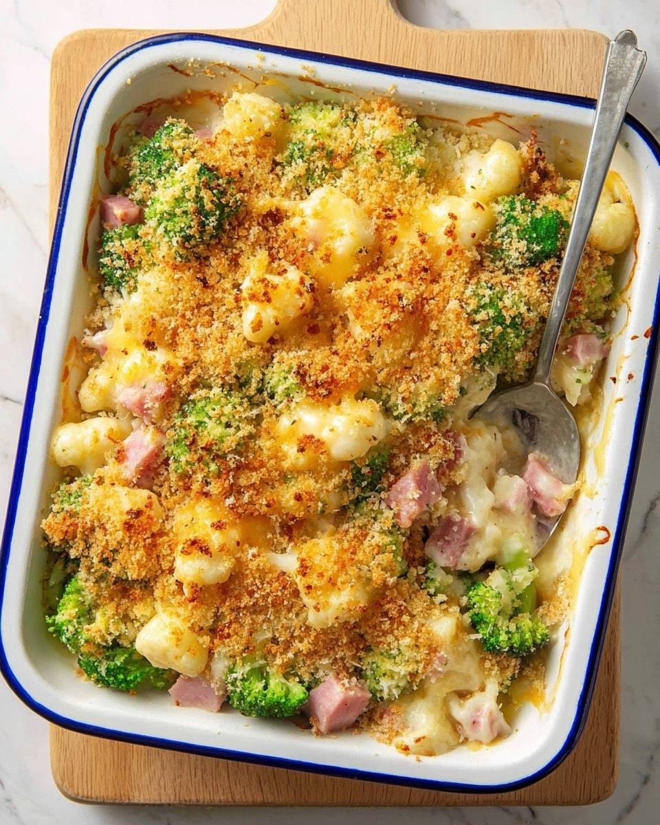 A square white ceramic baking dish with blue rim filled with a baked casserole. The top layer is golden brown crunchy breadcrumbs scattered unevenly with some browned spots. Underneath, there are chunky white cauliflower florets and bright green broccoli pieces mixed with pink ham cubes. A creamy melted cheese sauce coats the vegetables and ham, visible in yellow and white hues. A silver spoon rests inside the dish, partially submerged in the casserole. The dish sits on a light wooden board over a white marbled surface. Photo taken with an iphone --ar 4:5 --v 7