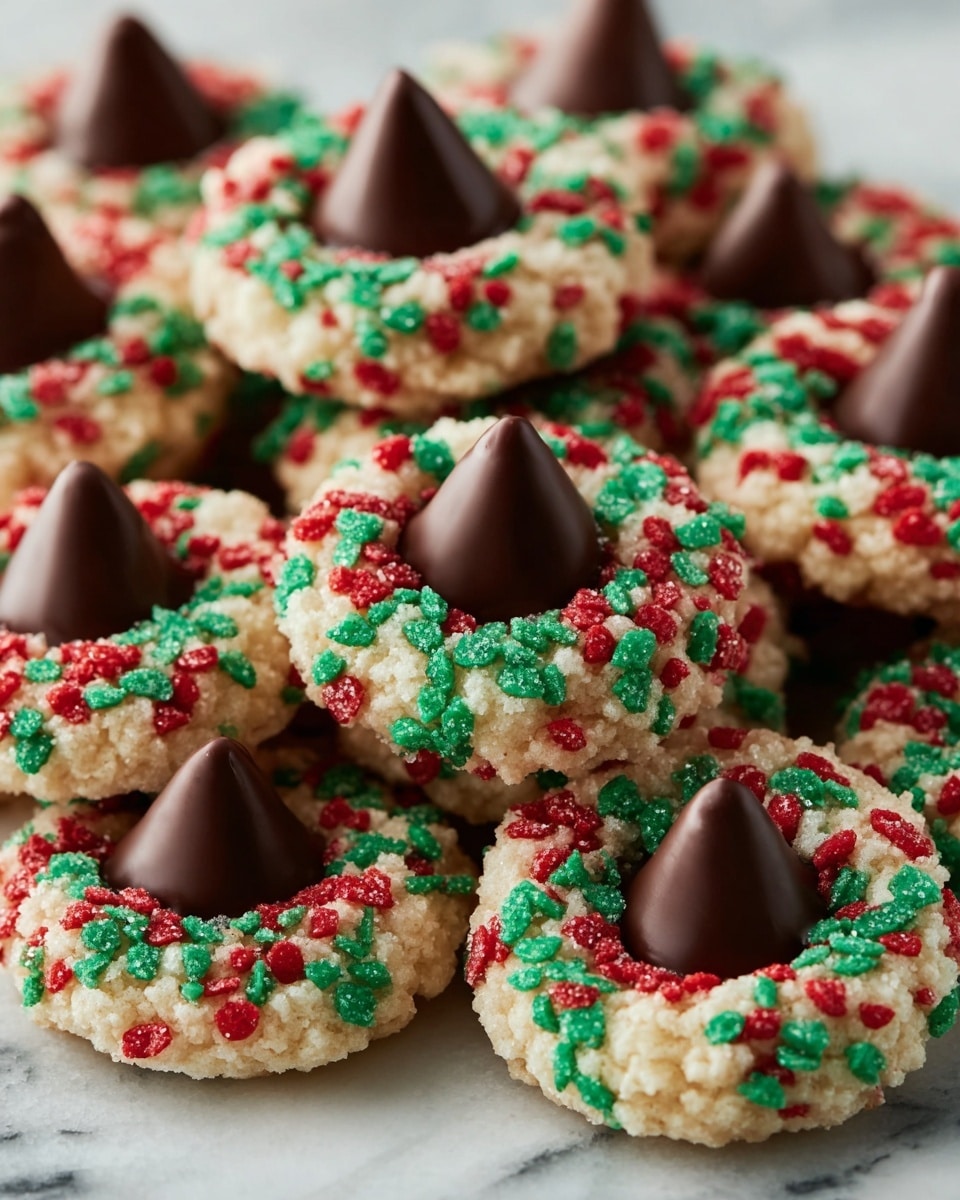 A single round cookie sits inside a white-lined festive red tin box with gold patterns, placed on a white marbled surface with a colorful fabric nearby. The cookie has three layers: the bottom layer is a pale golden-brown base, the middle layer is covered with dense, small shiny green icing dots arranged to look like a wreath, and the top layer has evenly placed small round red icing dots around a central chocolate piece shaped like a small pouch. In the background, more similar cookies are slightly out of focus on a white plate. photo taken with an iphone --ar 4:5 --v 7