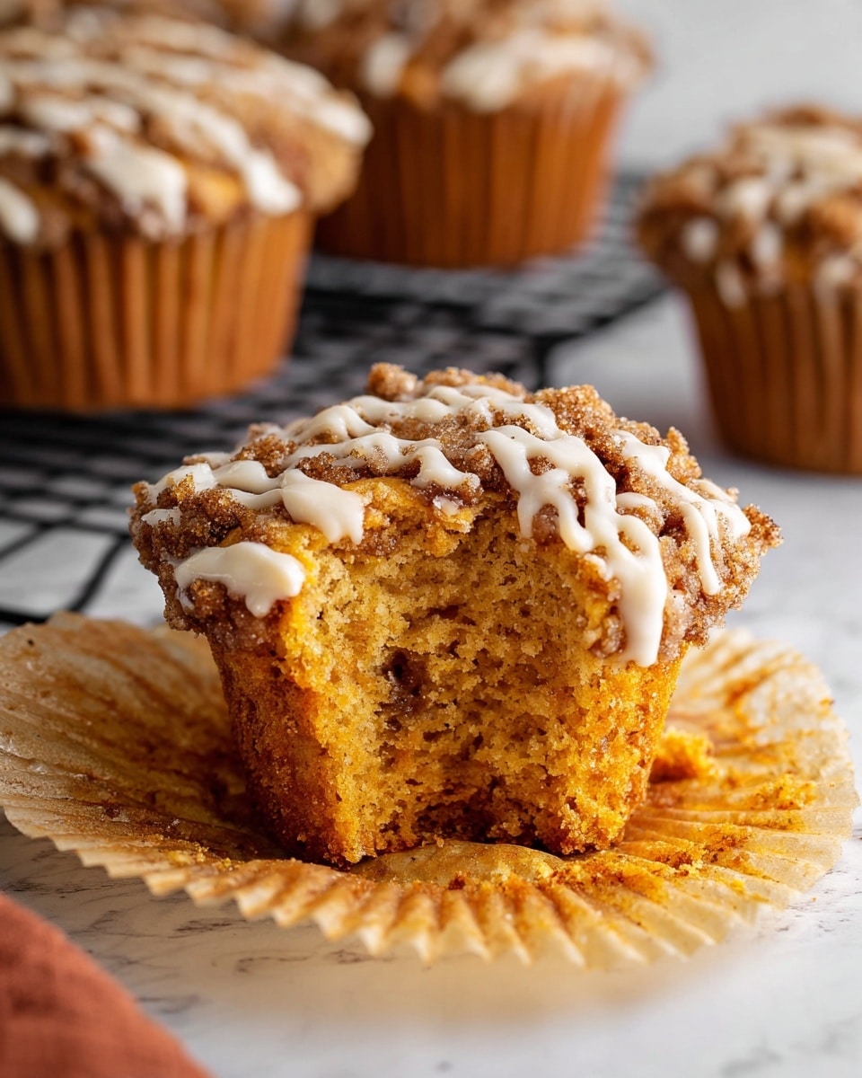 A close-up of a golden-brown muffin with one bite taken out, showing its soft, moist, orange crumb inside. The muffin has a crumbly, darker brown streusel topping sprinkled all over, drizzled with white icing in thin lines. It sits on a peeled-back light brown paper wrapper, placed on a white marbled surface. In the blurry background, two whole muffins with the same topping rest on a black cooling rack. Photo taken with an iphone --ar 4:5 --v 7