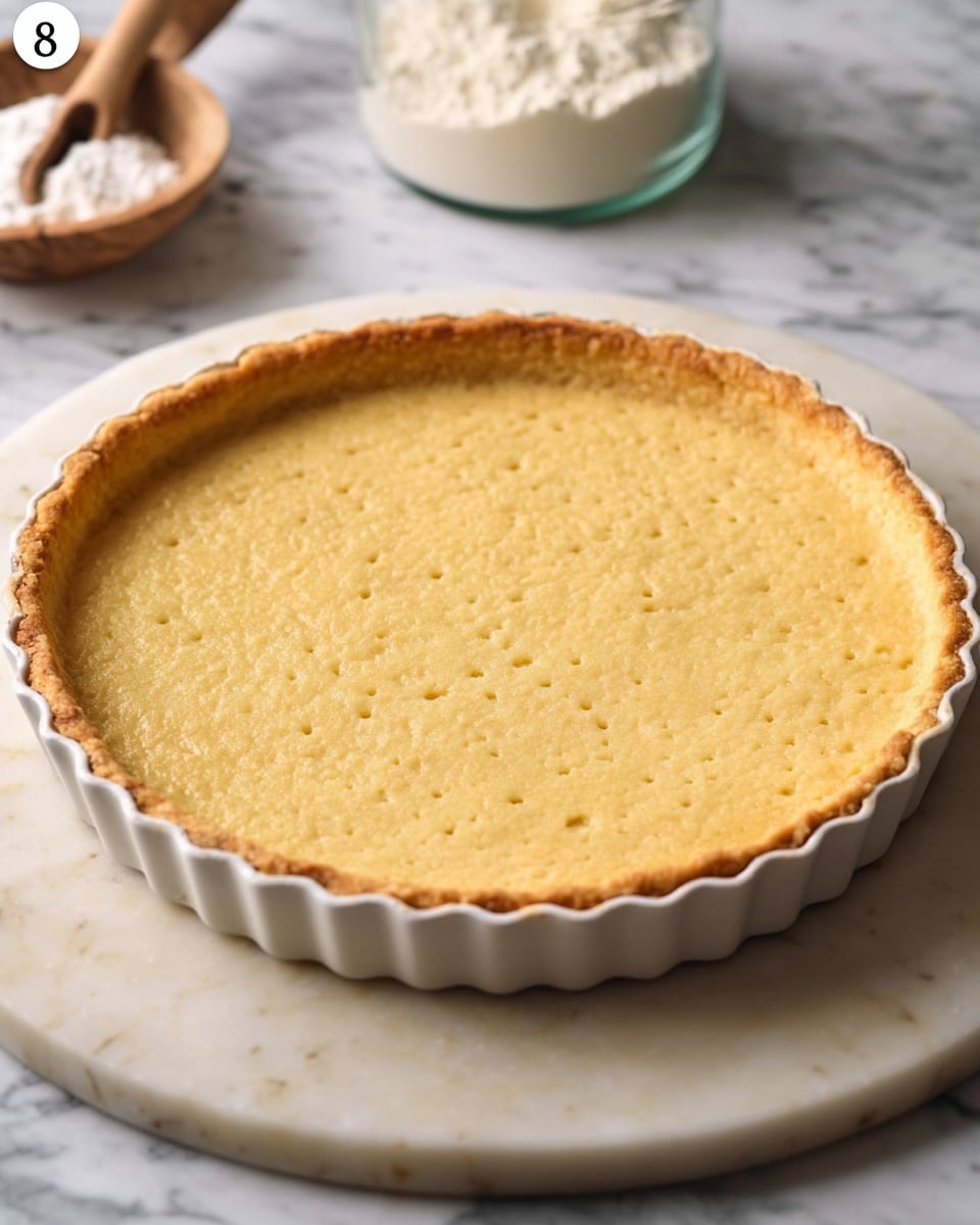 A single-layer golden-baked tart crust sits in a fluted round white tart pan. The crust has a smooth, slightly uneven surface with small fork holes scattered evenly over the base. The edges are crimped and a bit darker than the base, showing a crisp texture. The tart pan is placed on a white marbled round board. In the blurred background, there are kitchen items including a glass jar with flour and a wooden scoop, all set on a white marbled surface. Photo taken with an iphone --ar 4:5 --v 7
