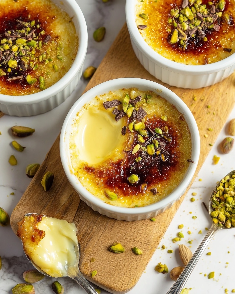 The image shows three white ramekins filled with a creamy yellow custard base with a thin, caramelized brown sugar crust on top. The crust has a shiny, golden caramel color with a slightly cracked texture revealing the smooth custard underneath. The custard has a glossy, pale yellow color with visible vanilla bean specks inside. Each ramekin is sprinkled with small pieces of crushed green pistachios and dark chocolate shavings on the caramel surface. One ramekin has a spoon resting nearby on a wooden board, with a scoop of custard and a piece of caramelized crust on it. The entire scene is set on a white marbled surface with scattered pistachios and crushed toppings around. Photo taken with an iphone --ar 4:5 --v 7