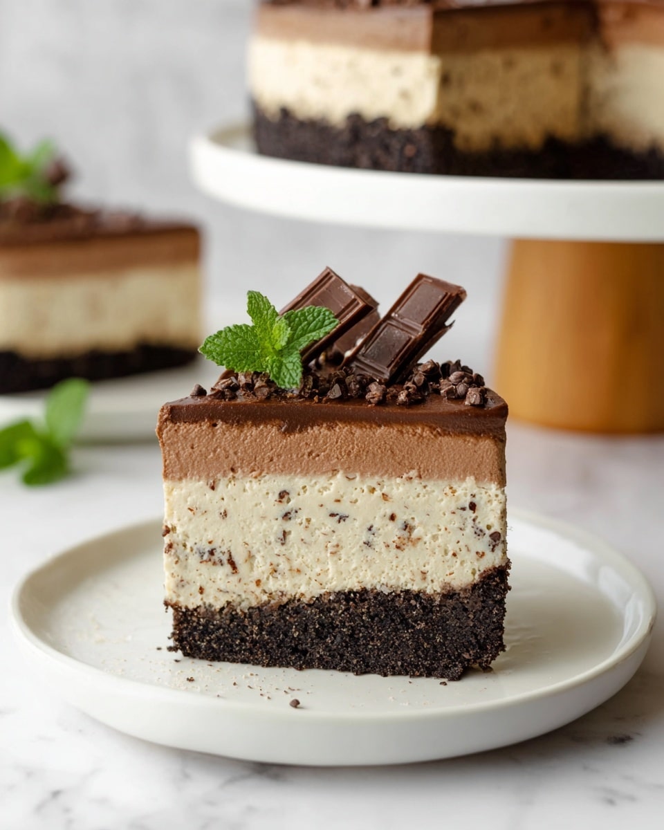 A slice of three-layered cake sits on a white plate on a white marbled surface. The bottom layer is a dark, dense crust with a slightly crumbly texture. The middle layer is thick and creamy, light beige with small dark chocolate bits throughout. The top layer is a smooth, rich dark chocolate mousse with a slightly wavy surface. On top of the mousse, there is a small piece of dark chocolate and a fresh green mint sprig, adding a pop of color. In the background, a whole cake with the same layers is on a white cake stand with a wooden base, slightly out of focus. Photo taken with an iphone --ar 4:5 --v 7