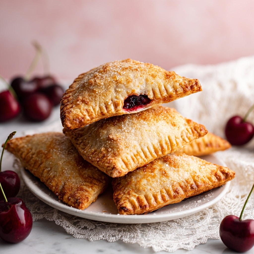 The image shows a close-up of a white plate filled with golden-brown puff pastries. Two of the pastries are cut in half and stacked on top, showing flaky, multi-layered crust with a light cream color on the inside. The filling is deep red and juicy, visible clearly inside the pastries. The pastries rest on a white lace cloth over a white marbled surface. Photo taken with an iphone --ar 4:5 --v 7