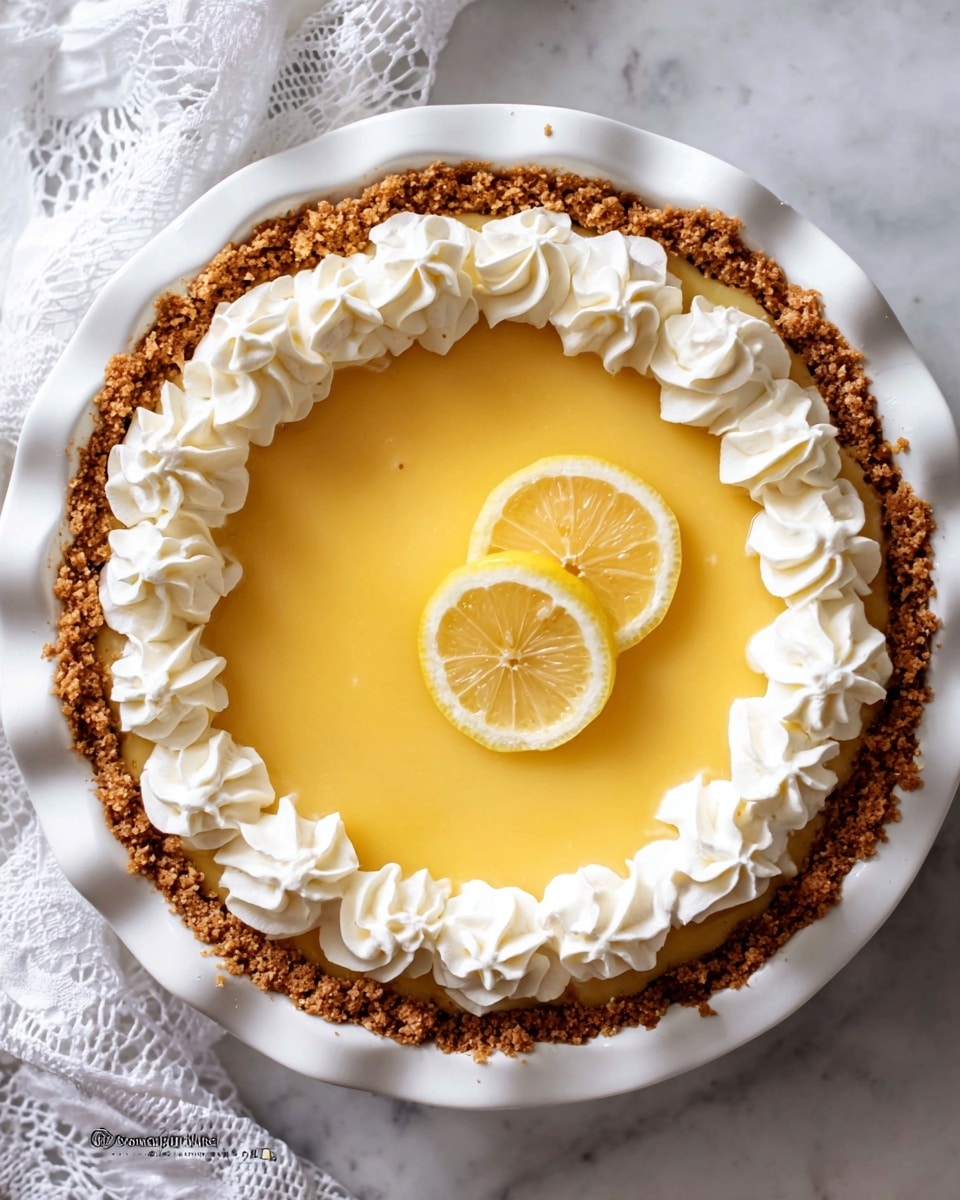 The image shows a pie with three main layers: the bottom crust is a crumbly, brown graham cracker base filling the pie dish, the middle layer is smooth and glossy yellow lemon filling which covers the whole crust evenly, and the top layer consists of white whipped cream dollops piped in a circle along the edge of the lemon filling. In the center, two thin lemon slices are placed, one slightly overlapping the other. The pie is in a white fluted pie dish resting on a white marbled surface with a white lace cloth partially visible nearby. Photo taken with an iphone --ar 4:5 --v 7