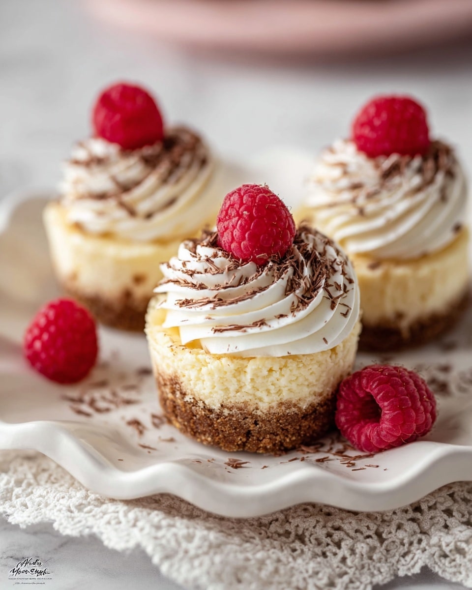 Three small cheesecakes sit on a white scalloped plate, each with three visible layers: a crumbly brown base, a pale yellow middle cheesecake layer, and a swirl of smooth white whipped cream on top. The whipped cream is dusted with fine chocolate shavings, and a bright red raspberry rests on the peak of each swirl. Two extra raspberries rest near the front cheesecake on the plate, which sits on a white marbled surface with a piece of delicate white lace fabric partly underneath. The image is softly lit with a close-up focus. photo taken with an iphone --ar 4:5 --v 7