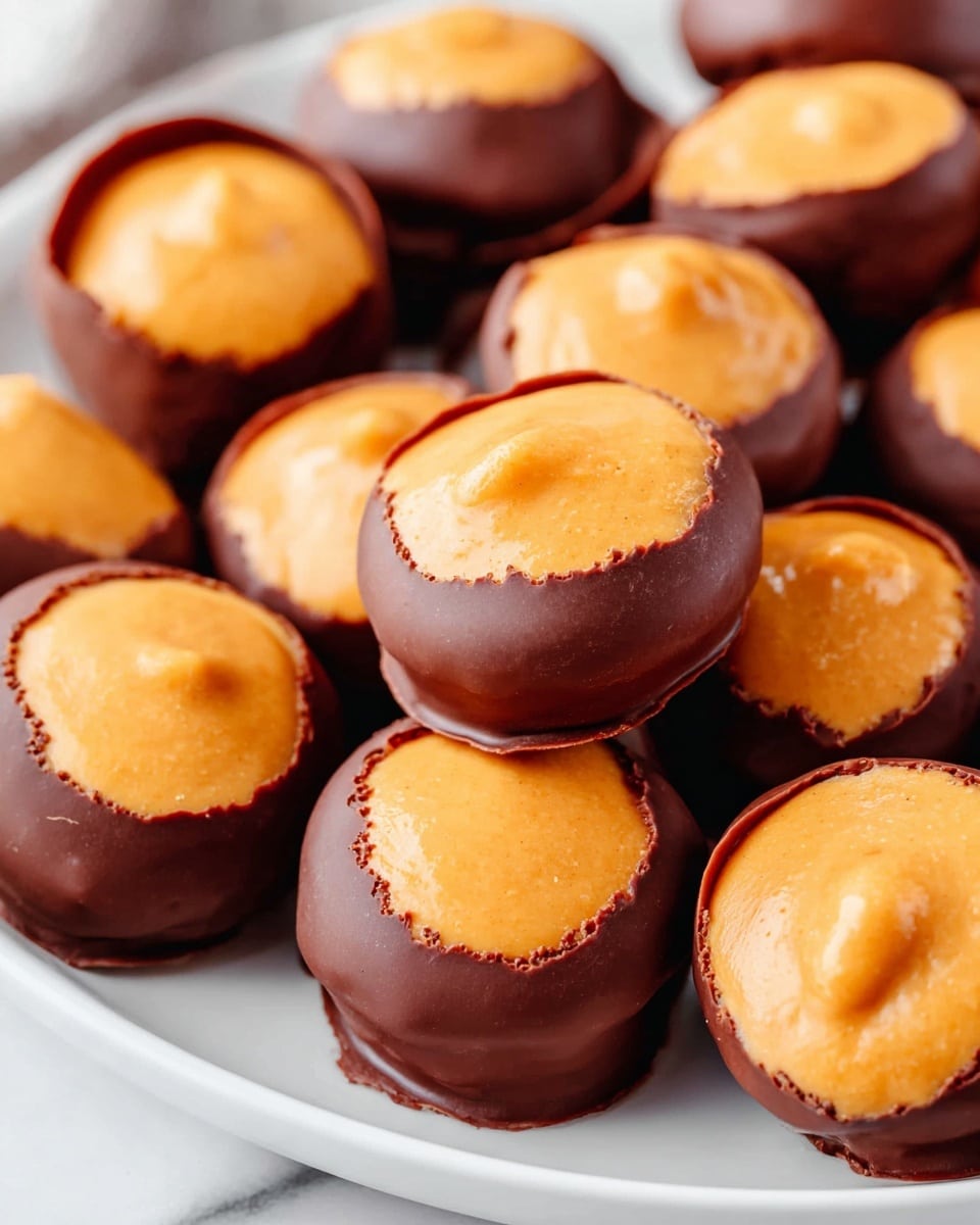 A close-up view of many small round treats on a white plate set on a white marbled surface. Each treat has two main layers: the bottom layer is a smooth, dark brown chocolate coating that spreads unevenly at the base, and the top layer is a thick, glossy, light orange peanut butter filling that slightly domes outward with a soft texture. The treats are grouped closely together, filling the frame, showing the contrast between the dark chocolate and bright peanut butter layers. photo taken with an iphone --ar 4:5 --v 7