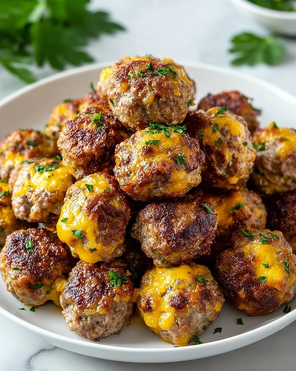 A white plate filled with about twenty round meatballs, each about the size of a golf ball, with a browned and crispy outer layer that has hints of melted yellow cheese and small green herb pieces sprinkled throughout. The meatballs have a slightly rough texture with some shiny oil spots, and are garnished with small chopped parsley leaves scattered over the top. The plate sits on a white marbled surface with some blurred green leaves in the background, giving a fresh look. photo taken with an iphone --ar 4:5 --v 7