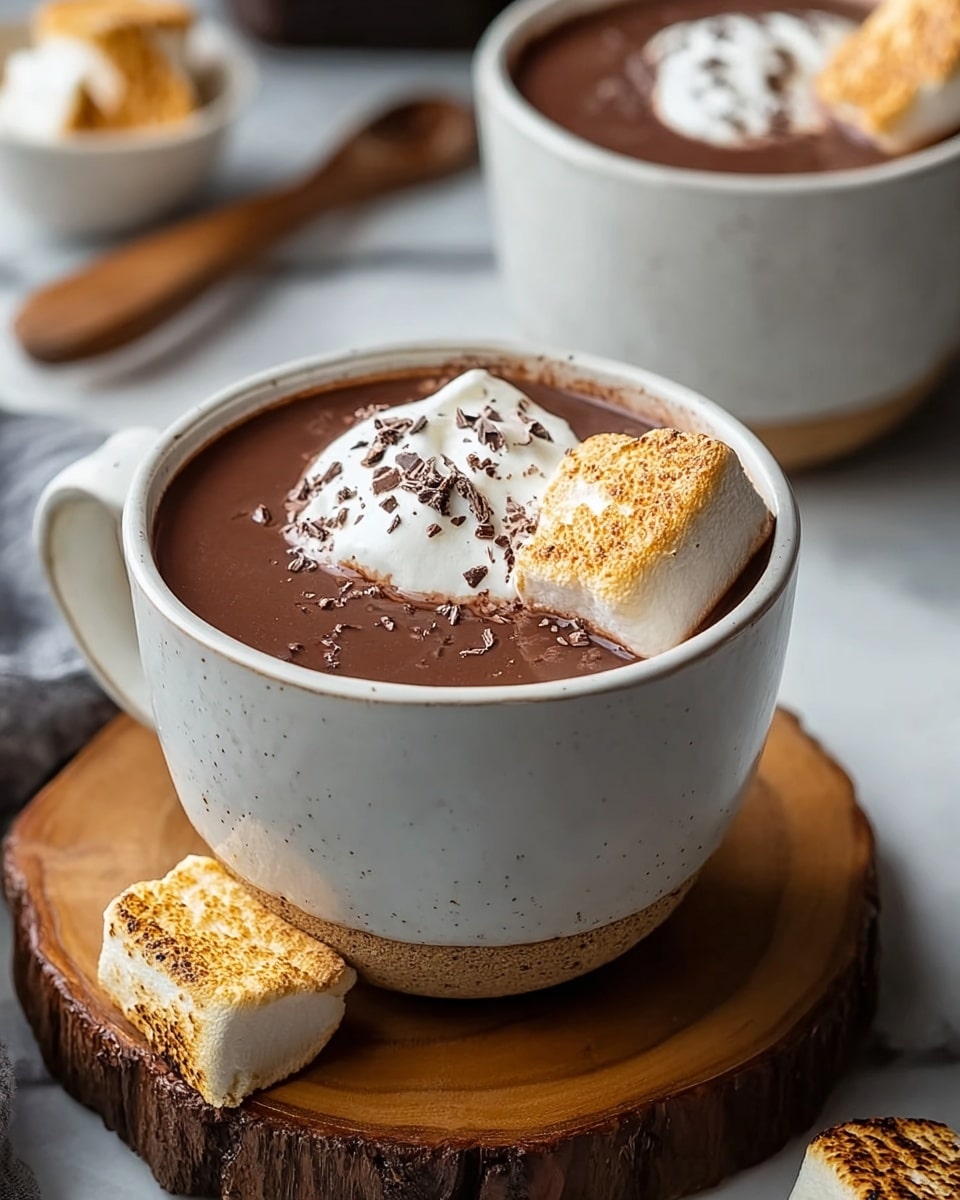 A white cup with brown speckles sits on a round white saucer, filled almost to the top with thick, smooth hot chocolate. Dark brown chocolate chunks float on the surface in the middle, adding texture. A silver spoon sticks out from the cup, resting inside the drink. In the blurry background, there are pieces of toast with a light spread on them placed on a wooden board. The setting is on a white marbled texture surface. photo taken with an iphone --ar 4:5 --v 7
