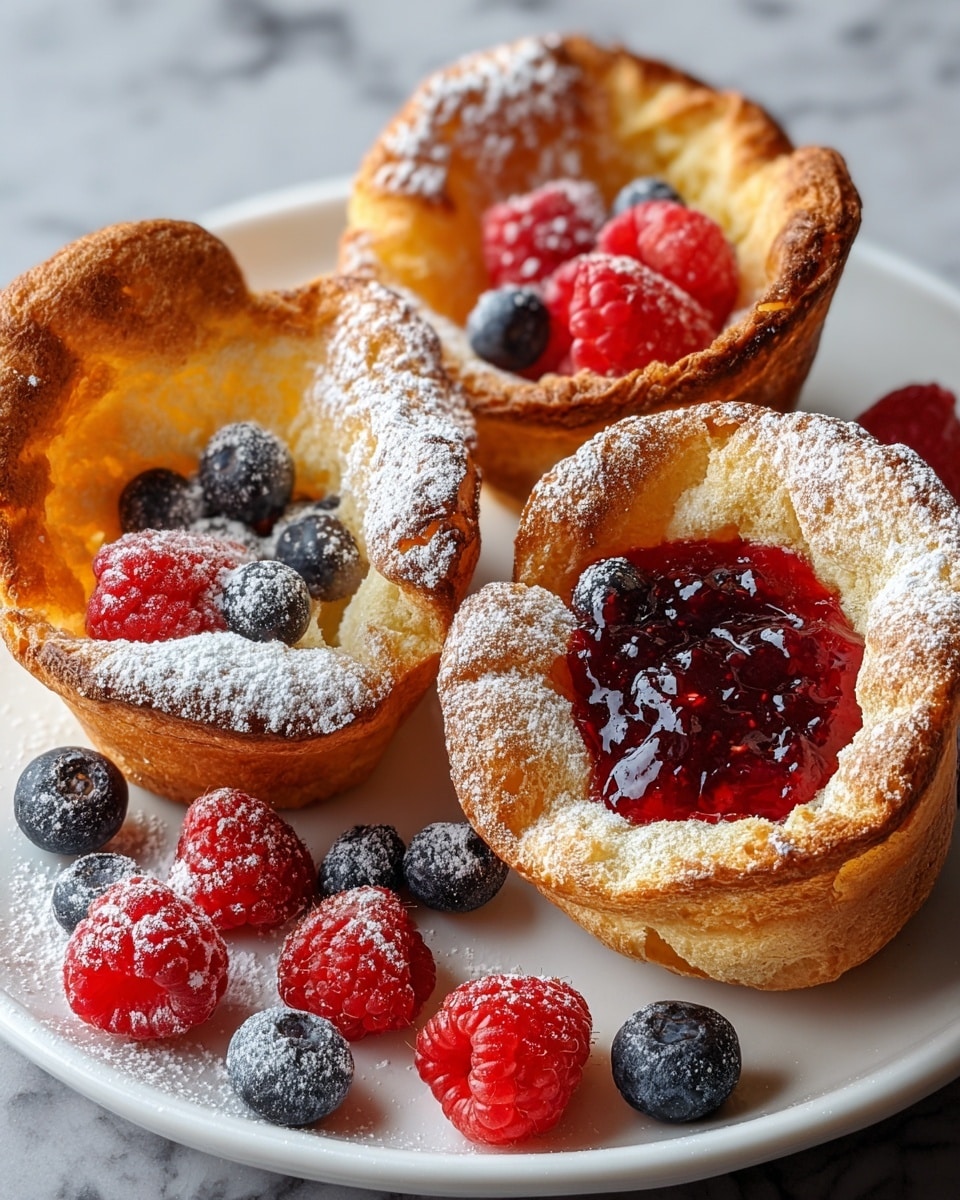 A white plate with four golden-brown popover pastries, three of which are hollow inside with a light, airy texture and topped with a dusting of powdered sugar. These hollow popovers hold fresh red raspberries and dark blue blueberries. The fourth popover is filled with a glossy red jam, also dusted with powdered sugar. Scattered around the popovers on the plate are extra raspberries and blueberries, some dusted lightly with powdered sugar, all placed on a white marbled surface. photo taken with an iphone --ar 4:5 --v 7