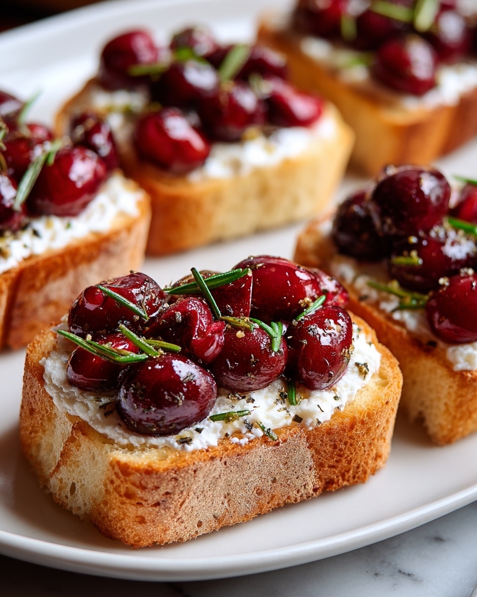 The image shows several pieces of toasted bread slices, each with three visible layers: the bottom layer is a golden-brown crunchy toasted bread with a slightly rough texture; the middle layer is a creamy white spread that looks smooth and soft; the top layer features shiny, deep red cherries mixed with small green rosemary leaves and a light sprinkle of black pepper, giving a fresh and slightly glossy look. These topped bread slices are arranged neatly on a white plate set on a white marbled surface. photo taken with an iphone --ar 4:5 --v 7