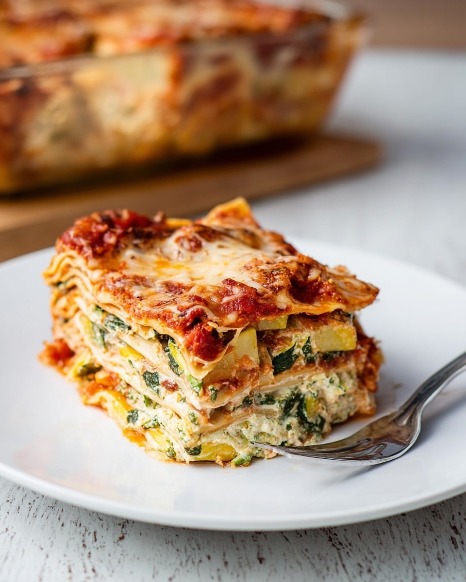 A clear glass baking dish shows three visible layers: the bottom layer is a reddish tomato sauce with some herbs, the middle layer is light beige crumbled cheese mixed with bits of green herbs, and the top layer is a thick covering of bright green cooked spinach leaves that are slightly wilted but hold their shape. The dish sits on a white marbled surface, and in the blurry background, there is a white plate with chopped orange carrots and green cucumbers. Photo taken with an iphone --ar 4:5 --v 7