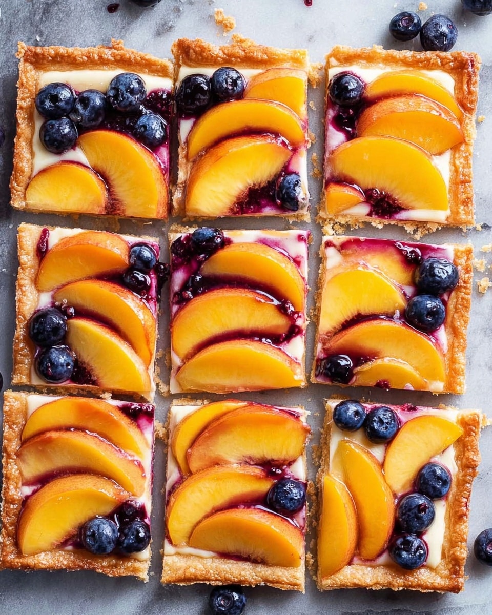 The image shows a fruit tart cut into twelve square pieces and arranged closely together. The base layer is a golden-brown flaky crust with a slightly crisp texture around the edges. On top of the crust, there is a creamy white layer which looks like a smooth custard or cream. The tart is decorated with slices of bright orange-yellow peach arranged in pairs or clusters on each piece. Scattered between the peach slices are small, round, deep blue blueberries, some whole and some slightly squished, giving a fresh and juicy look. A few drops of berry juice add some dark purple spots that mix softly into the cream layer. The tart is placed on a flat white marbled surface with some loose blueberries around it. photo taken with an iphone --ar 4:5 --v 7