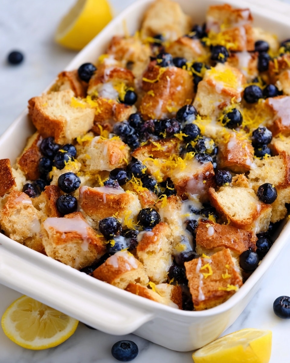 The image shows a white baking dish filled with several layers of cubed golden brown bread pieces mixed with small dark blue blueberries scattered throughout. The bread cubes have a soft, crumbly texture with a glossy drizzle of light glaze on top, adding a slight shine. Bright yellow lemon zest is sprinkled over the dish, giving a pop of color against the warm browns and deep blues. The baking dish rests on a white marbled surface, with a halved lemon and a few loose blueberries placed nearby, enhancing the fresh, summery feel of the scene. Photo taken with an iphone --ar 4:5 --v 7
