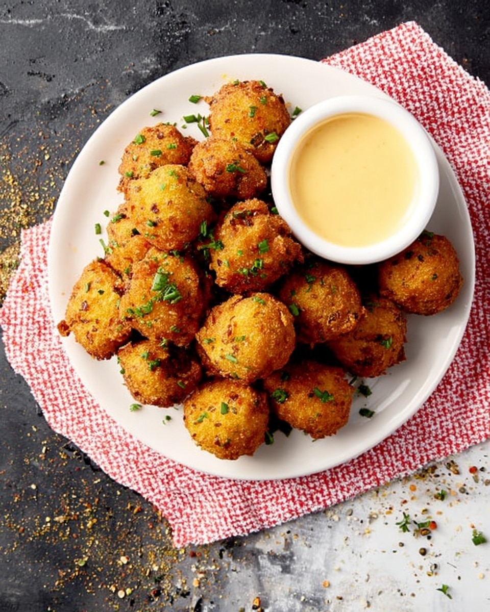A white round plate is filled with about fifteen golden-brown, crispy corn fritters that have a bumpy texture with visible corn kernels and small green herb bits sprinkled on top. On the left side inside the plate, there is a small white bowl of pale yellow creamy dipping sauce. The plate rests on a red and white checkered paper, all placed on a white marbled surface with scattered green herb pieces around. photo taken with an iphone --ar 4:5 --v 7