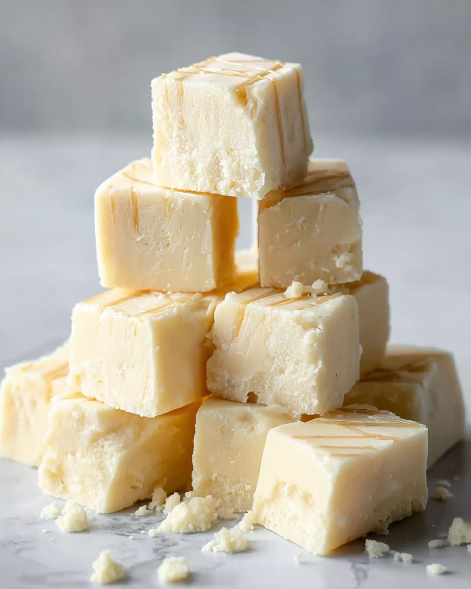 A small pyramid of creamy white fudge squares sits on a white marbled surface. There are about ten fudge pieces stacked with the base layer having four pieces, the middle layers with three and two, and one piece resting on the top. Each fudge square is smooth with a slightly crumbly texture, showing some light cracks and tiny air holes. Some pieces have thin lines of light caramel drizzled across the top, adding a soft golden color contrast. Small crumbs are scattered around the base, enhancing the homemade feel. Photo taken with an iphone --ar 4:5 --v 7