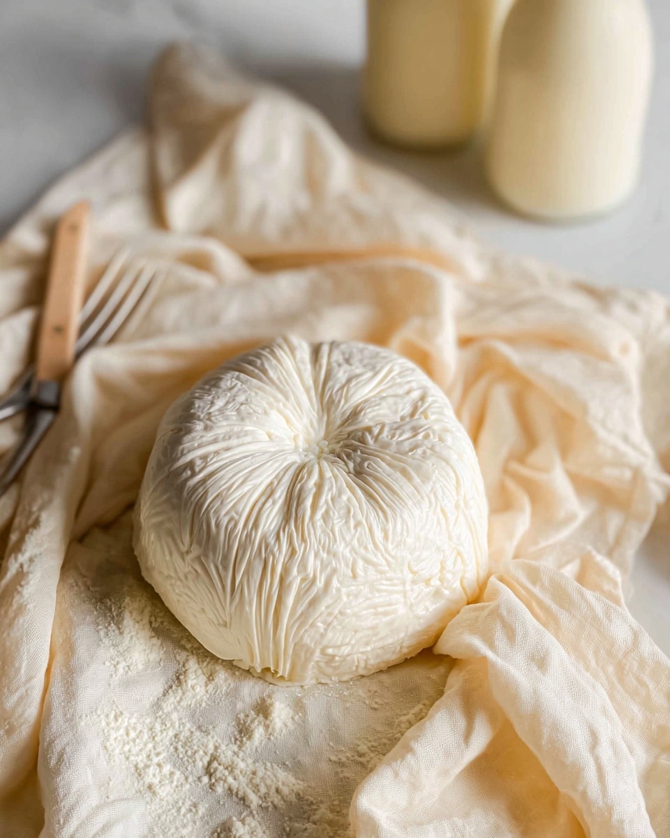 A single round ball of fresh white cheese sits in the center of a cream colored cloth with soft folds and some powdery residue on it, creating a textured base layer. The cheese ball has smooth, slightly wrinkled surface lines converging at the top center, giving it a hand-formed appearance. Behind the cheese, a white marbled surface holds a small two-prong fork with a light wooden handle positioned diagonally on the left side. To the right, two glass bottles filled with a creamy liquid appear slightly out of focus, adding depth to the scene. The soft natural light highlights the creamy white and warm beige tones throughout the image. Photo taken with an iphone --ar 4:5 --v 7