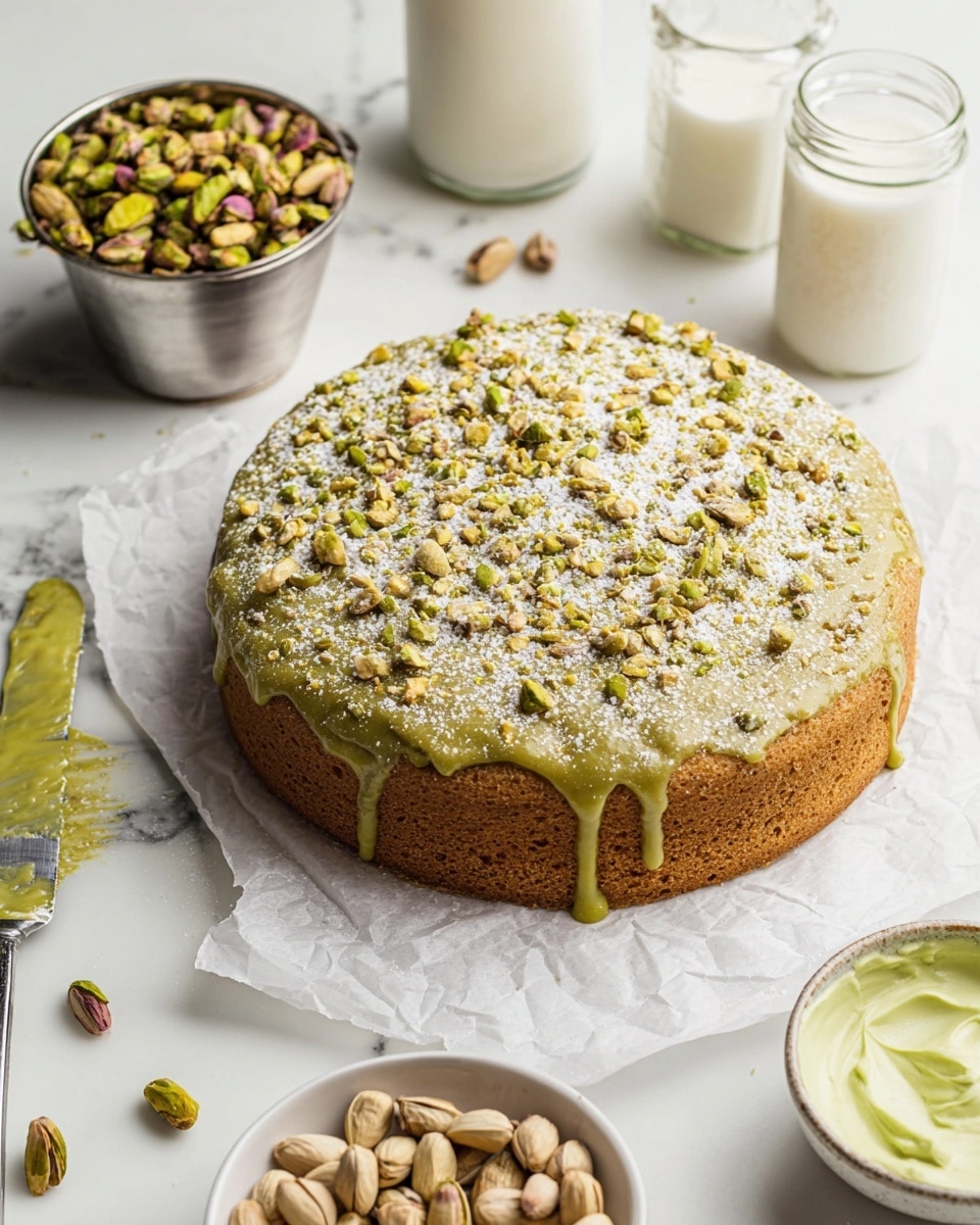 A round cake sits in the center lined with white parchment paper, showing one thick layer with a golden brown base and a crumbly light tan top layer covered in powdered sugar and a green drizzle glaze on top, dripping slightly over the edges. Around the cake, there is a silver metal cup filled with shelled green pistachios, a white bowl with whole pistachios, a small bottle of milk, a glass jar with green cream, and a white bowl holding more green cream. The scene rests on a white marbled surface with a knife smeared with green cream to the left. Photo taken with an iphone --ar 4:5 --v 7