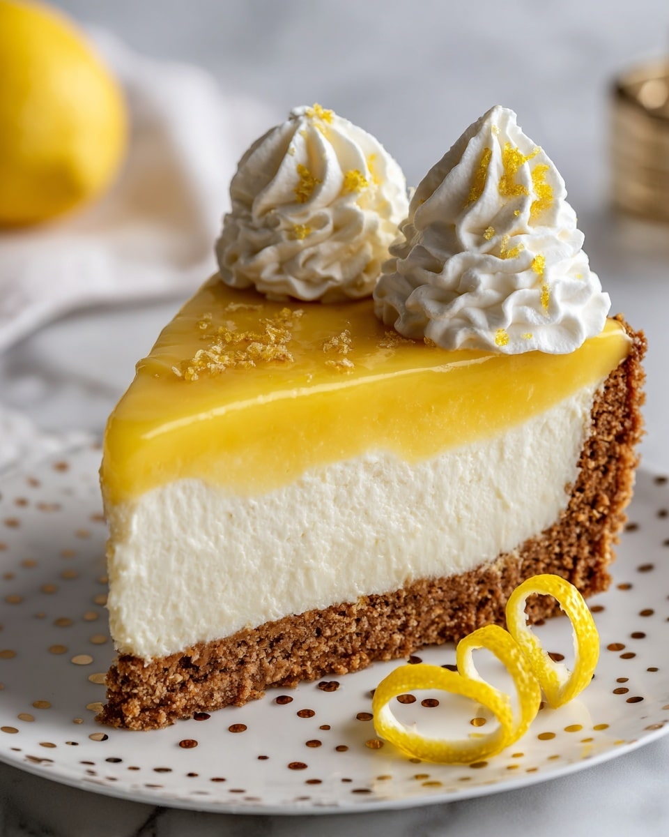 A slice of pie is shown with three layers: the bottom layer is a crumbly brown crust, the middle layer is thick and creamy white cheesecake, and the top layer is a smooth, shiny yellow lemon topping. Two dollops of white whipped cream sit on the top edge of the slice, adding a soft texture. The pie slice rests on a white plate with small gold dots, placed on a white marbled surface. A curly yellow lemon peel is beside the pie on the plate. Photo taken with an iphone --ar 4:5 --v 7