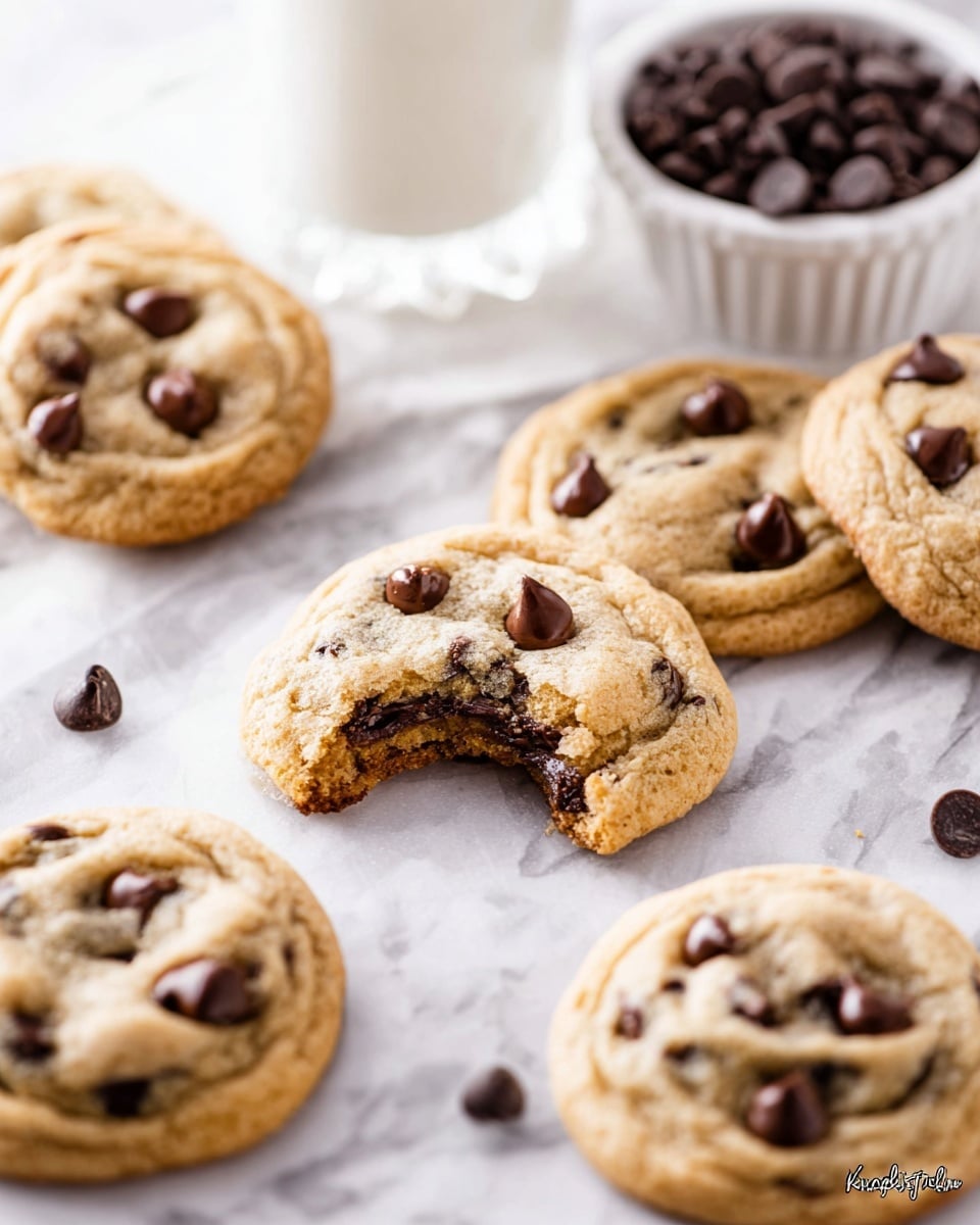 A group of soft, round chocolate chip cookies with golden-brown tops and visible dark brown chocolate chips are laid out on a white marbled surface. One cookie is broken in half showing a chewy texture with melted chocolate inside. In the back, there is a white fluted bowl filled with more chocolate chips and a white fluted glass filled with milk. The setting is bright with natural light making the cookies look warm and fresh. photo taken with an iphone --ar 4:5 --v 7