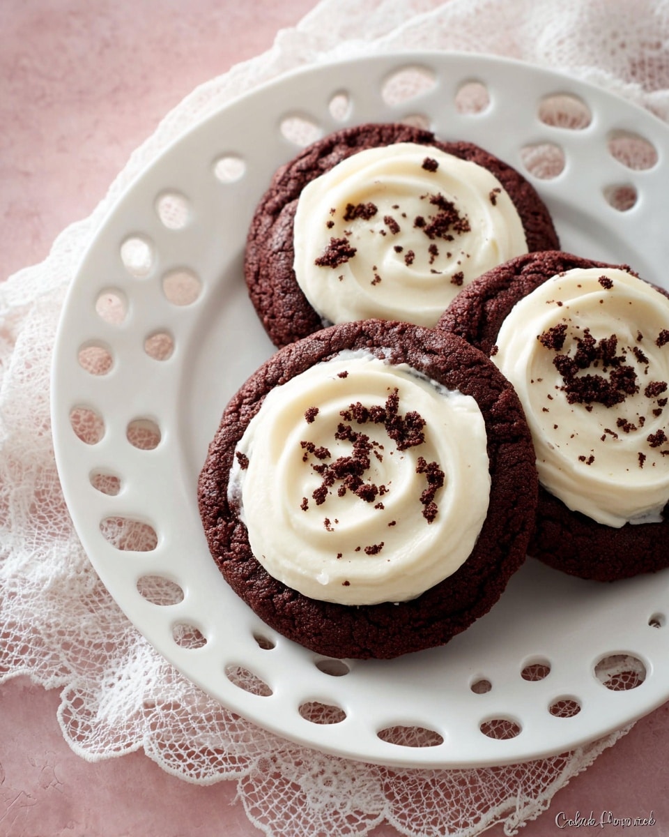 Three dark brown chocolate cookies with visible cracks are arranged on a white plate with an open loop pattern around its edge. Each cookie is topped with one thick layer of smooth, creamy white frosting, swirled in a circular motion. On top of the frosting, small dark brown cookie crumbs are sprinkled unevenly. The plate is set on a white lace cloth over a soft pink surface that has been changed to a white marbled texture. photo taken with an iphone --ar 4:5 --v 7