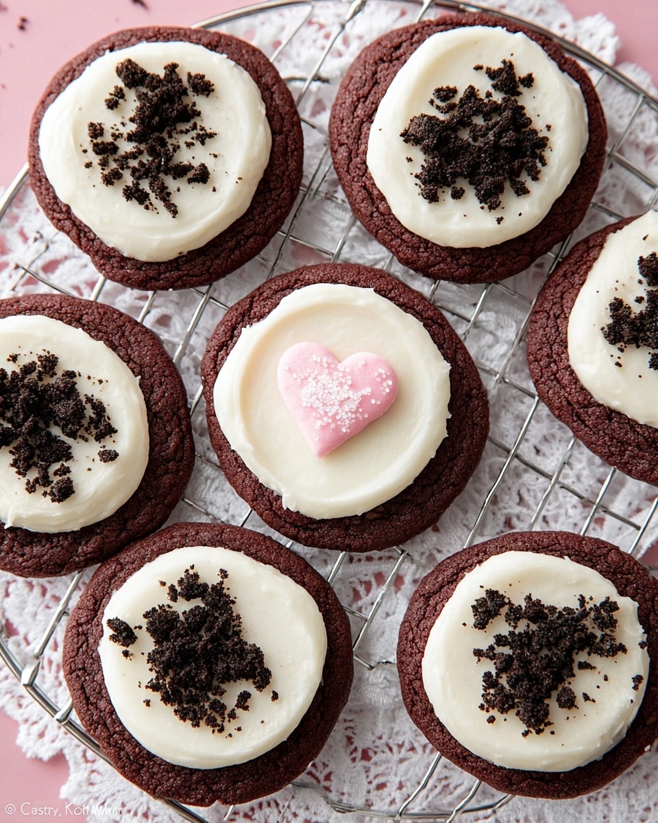 The image shows seven round chocolate cookies on a silver cooling rack placed over white lace fabric, with a white marbled surface underneath. Each cookie has one thick layer of smooth, creamy white frosting that covers most of the top surface. Six cookies have dark chocolate crumbs sprinkled unevenly on the frosting, adding texture and contrast. One cookie in the middle has a pink heart-shaped candy with small sugar crystals on top of the white frosting. The background is soft pink, and the focus is clear on the cookies, showing their cracked chocolate texture and creamy frosting details. Photo taken with an iphone --ar 4:5 --v 7