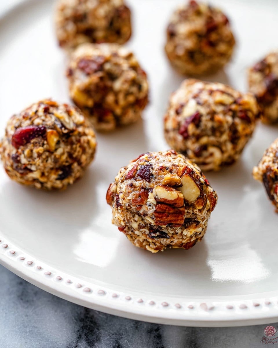 Several small, round balls made from mixed nuts and dried fruit pieces are arranged on a large white plate with a subtle dotted border around the edge. Each ball has a rough texture, showing chopped nuts like pecans embedded throughout in light brown and darker brown shades, with bits of red from the dried fruit. The plate is resting on a white marbled surface, and the photo is taken at a close angle, focusing on the front balls with others blurred in the background. photo taken with an iphone --ar 4:5 --v 7