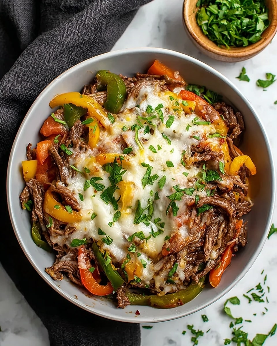 A round bowl filled with a layered dish showing cooked thin strips of brown beef mixed with soft green bell peppers and slightly cooked orange tomato pieces. On top, there is a melted layer of white cheese with light golden spots, sprinkled with chopped fresh green herbs. The bowl sits on a white marbled surface with bits of herbs scattered around and a dark cloth nearby. Photo taken with an iphone --ar 4:5 --v 7