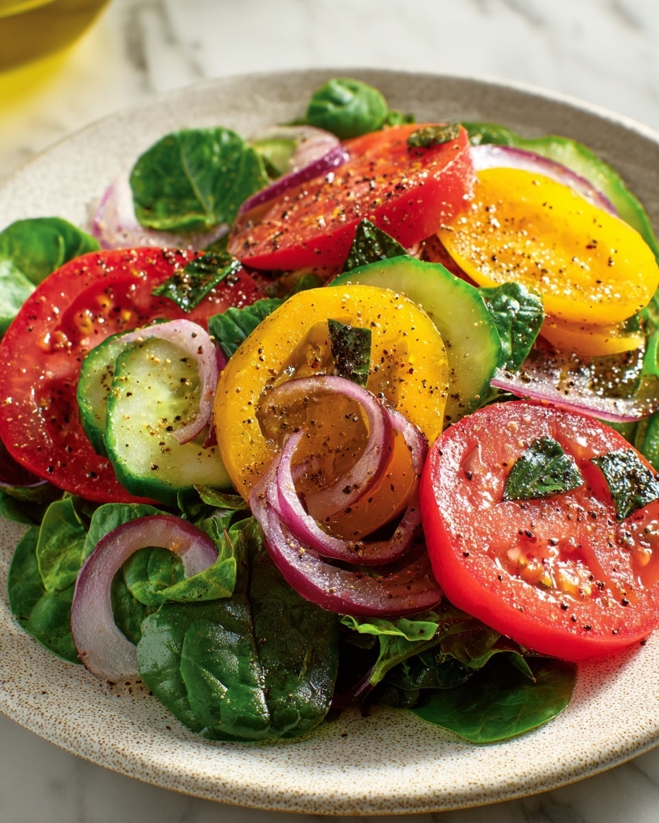 A colorful salad is arranged on a white plate with a rough texture, placed on a white marbled surface. The first layer is fresh green spinach leaves with visible veins, forming the base. On top are bright red and yellow tomato slices, thick and juicy with a glossy texture. There are thin cucumber slices with a pale green inside and darker green edges scattered around. Light purple-red onion rings with a translucent look are layered across the salad. Small dark green basil leaves are mixed throughout, all coated lightly with a shiny dressing and black pepper specks. photo taken with an iphone --ar 4:5 --v 7