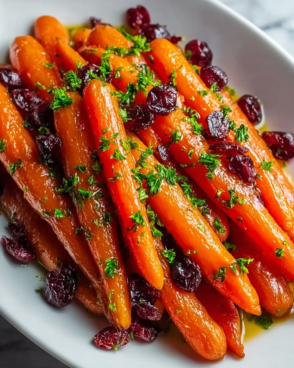 The image shows a white plate full of glazed baby carrots that are bright orange and shiny, mixed with dark red dried cranberries. The carrots look soft and cooked, placed close together in layers, and sprinkled on top with finely chopped green parsley, adding freshness and color contrast. The plate rests on a white marbled textured surface. photo taken with an iphone --ar 4:5 --v 7