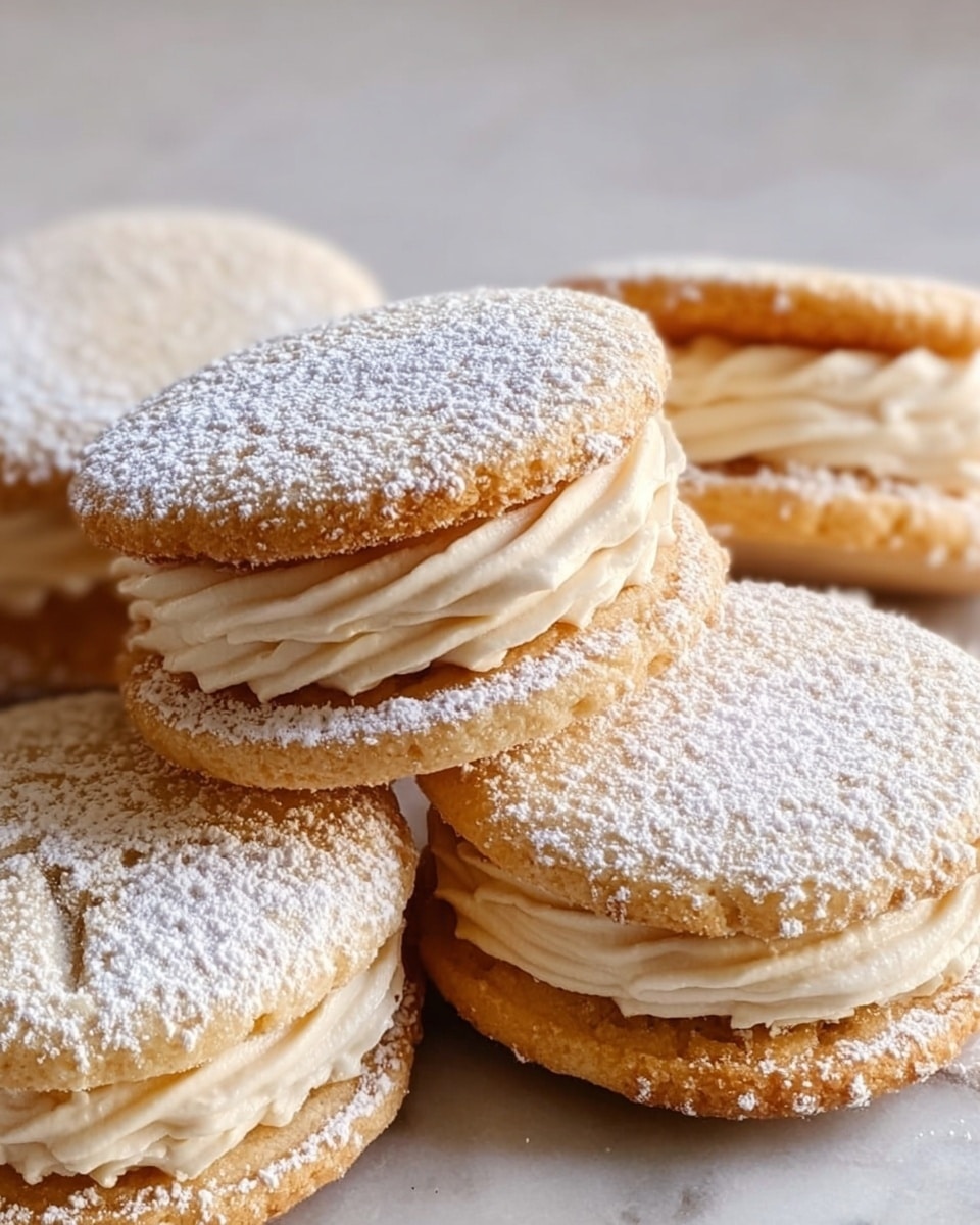 The image shows several round sandwich cookies stacked close together on a white marbled surface. Each cookie has two light golden-brown, soft-looking layers with a swirled layer of creamy, pale beige filling in between. The top cookie layer is lightly dusted with white powdered sugar, adding a delicate texture contrast. The filling is thick and smooth, slightly visible between the edges of the cookie layers, making the sandwiches look soft and inviting. The overall color scheme is warm and neutral with soft cream and light brown tones. photo taken with an iphone --ar 4:5 --v 7