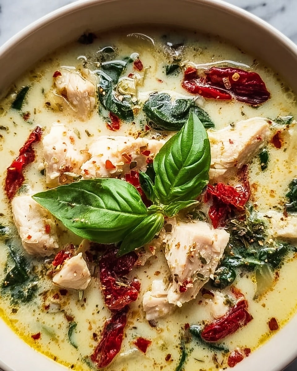 A bowl filled with creamy soup showing several layers: the base layer is light yellow and smooth, topped with chunks of pale white cooked chicken, scattered dark green spinach leaves, and bright red sun-dried tomato pieces. Sprinkled lightly over the top are dried herb flakes and a few crushed red pepper flakes, with two fresh green basil leaves placed in the center. The soup looks rich and textured with visible herbs mixed in and on top, and the bowl sits on a white marbled surface. Photo taken with an iphone --ar 4:5 --v 7