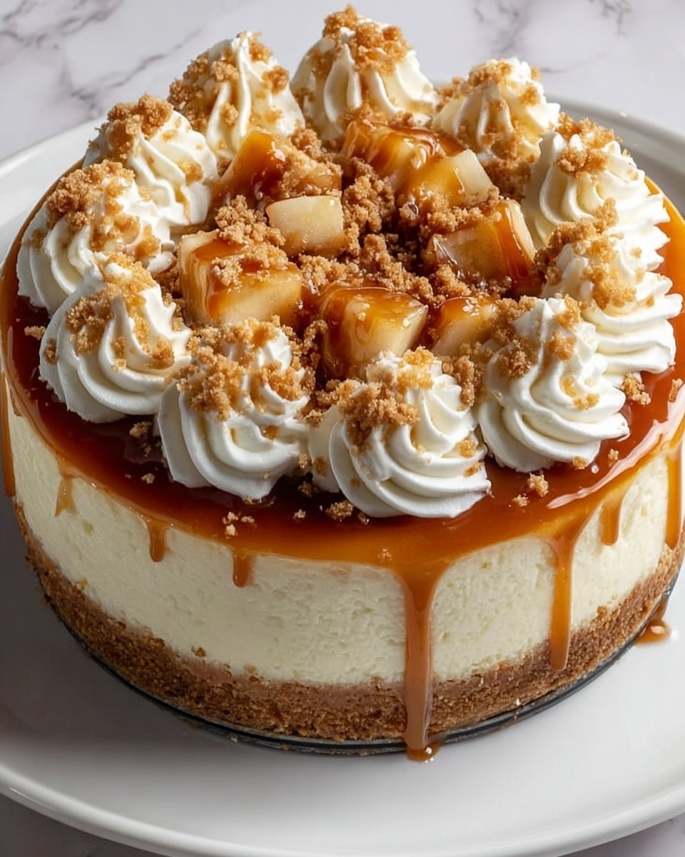 A round cheesecake sits on a white plate over a white marbled surface. The cheesecake has a thick brown crumb crust at the bottom, a smooth creamy light yellow layer of cheese filling, and a shiny caramel sauce layer dripping slightly over the edges. On top, there are eight equally spaced whipped cream swirls, each topped with more caramel drizzle. The center has chunks of soft cooked apple and a sprinkle of crumbly brown streusel, adding texture and contrast to the smooth cream. Photo taken with an iphone --ar 4:5 --v 7