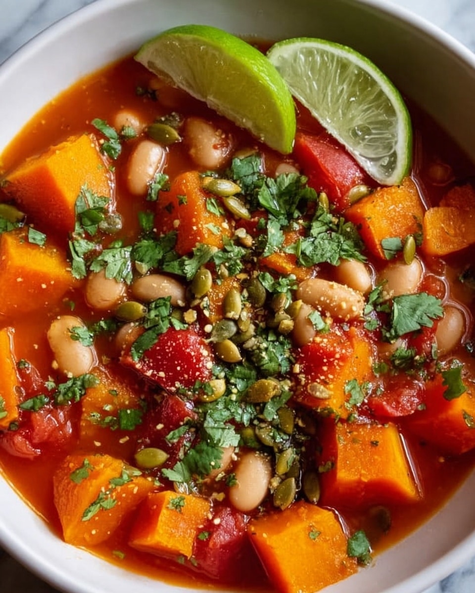 A close-up of a white bowl filled with a chunky soup showing 3 main layers: large bright orange cubes of pumpkin, small white beans, and red tomato pieces, all mixed in a thin red-orange broth. Green chopped cilantro leaves and whole green seeds or spices are sprinkled on top, with two lime wedges resting on the edge of the bowl. The bowl sits on a white marbled surface. photo taken with an iphone --ar 4:5 --v 7