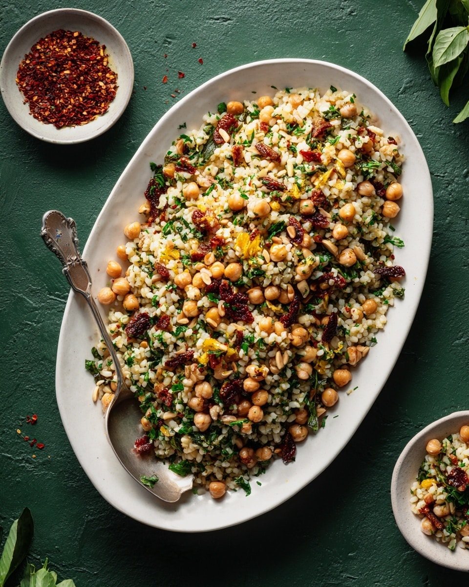An oval white plate filled with a dish of small, rice-shaped pasta mixed with roasted chickpeas, visible green chopped herbs, toasted pine nuts, and small pieces of sun-dried tomatoes and yellow bits, all evenly spread in layers creating a colorful mix of beige, green, brown, and yellow tones. A silver spoon rests inside the dish near the left edge. The plate sits on a dark green textured surface next to a small white bowl with red spice flakes and another white bowl partly visible with more of the pasta dish. Small green leaves are scattered around the setting. photo taken with an iphone --ar 4:5 --v 7