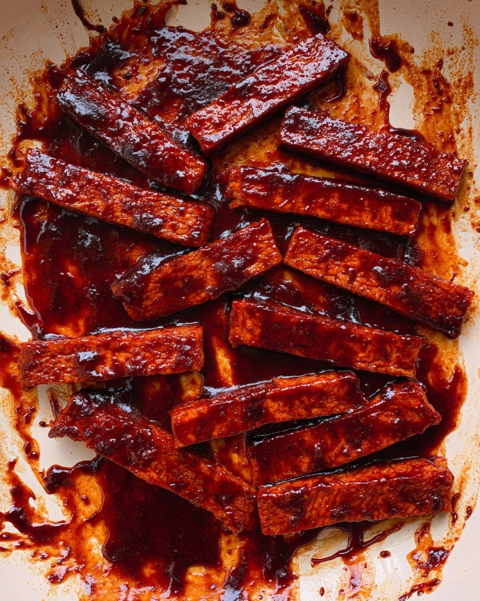 In a white pan, there are about 20 rectangular strips coated with a thick, shiny dark red sauce. The strips have a slightly rough texture with some ridges and look caramelized in some areas, giving a rich, sticky, and glossy appearance. The sauce is spread unevenly on the pan, creating splashes and streaks of deep red and brown around the strips. The overall look is dense and richly colored with a mix of smooth and textured surfaces. photo taken with an iphone --ar 4:5 --v 7
