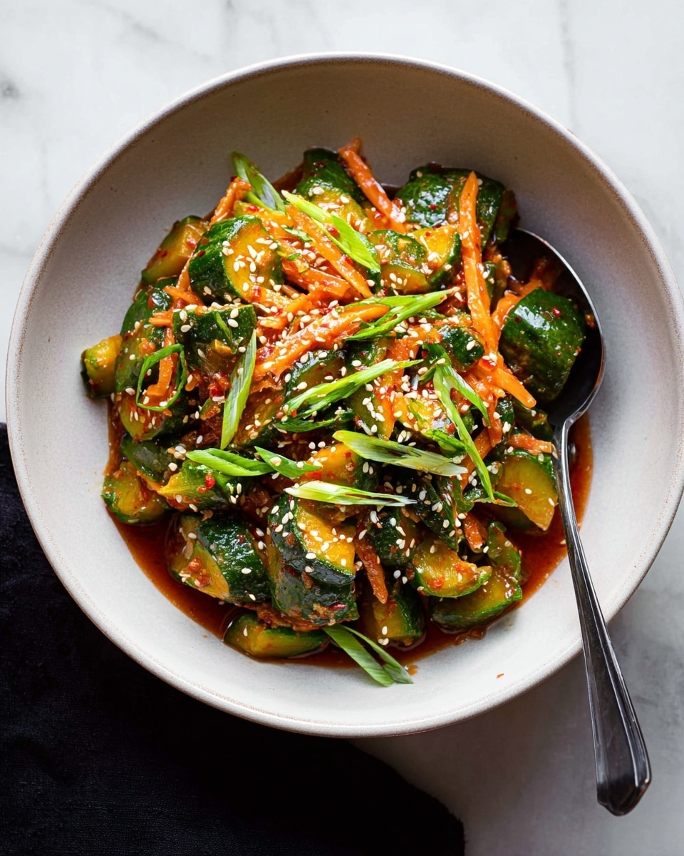 In a deep white bowl, there is a colorful cucumber salad with three main layers: the base layer is made of chunky green cucumber pieces mixed with thin, orange carrot strips, both coated in a shiny reddish sauce. Scattered on top are small white sesame seeds and bright green thinly sliced scallions that add a fresh contrast. To the right inside the bowl rests a silver spoon, slightly beneath the salad, while the whole bowl sits on a white marbled surface. Photo taken with an iphone --ar 4:5 --v 7