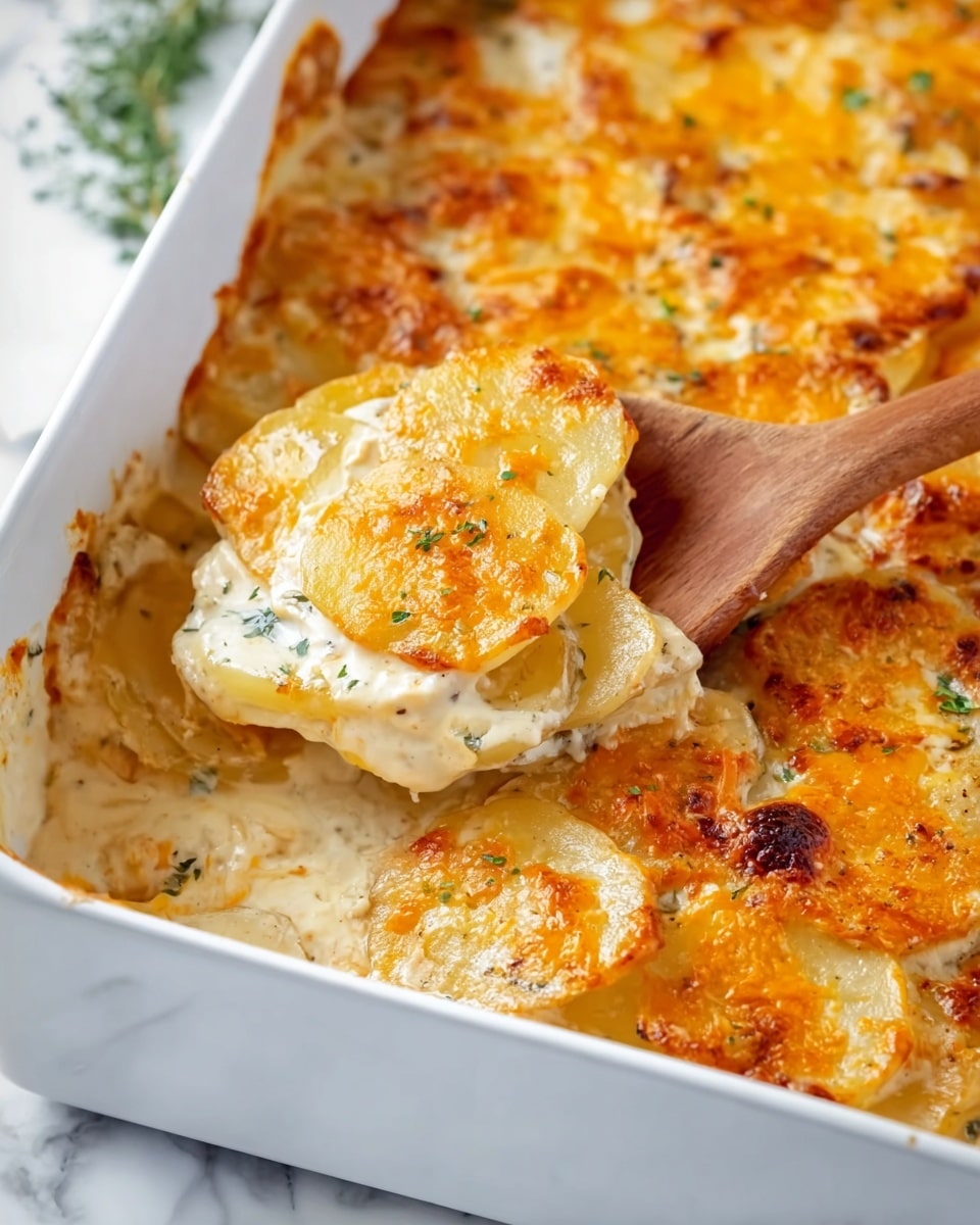 A close-up view of a white rectangular baking dish filled with a creamy potato gratin, showing multiple layers of thin, slightly golden potato slices covered with melted, browned cheddar cheese. The top layer has patches of orange cheese melted unevenly with some browned spots, and a creamy white sauce with small green herb bits is visible between the potato slices. A wooden spoon lifts a portion from the dish, revealing cooked, tender-looking potato rounds beneath the cheese and sauce. The dish is placed on a white marbled surface. photo taken with an iphone --ar 4:5 --v 7