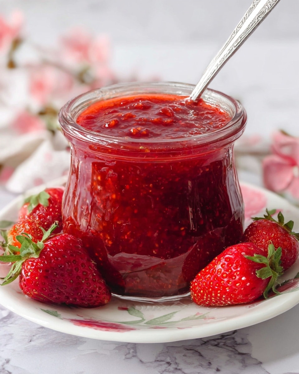 A clear glass jar filled with a thick, bright red strawberry jam that shows visible small chunks of fruit throughout. The jam reaches almost to the top of the jar, with a slight glossy texture on the surface. A silver spoon rests inside the jar, sticking out at an angle. Surrounding the jar on a white plate with pink floral details are several fresh, whole strawberries, bright red with green leaves. The scene is set on a white marbled surface with a blurred background. photo taken with an iphone --ar 4:5 --v 7
