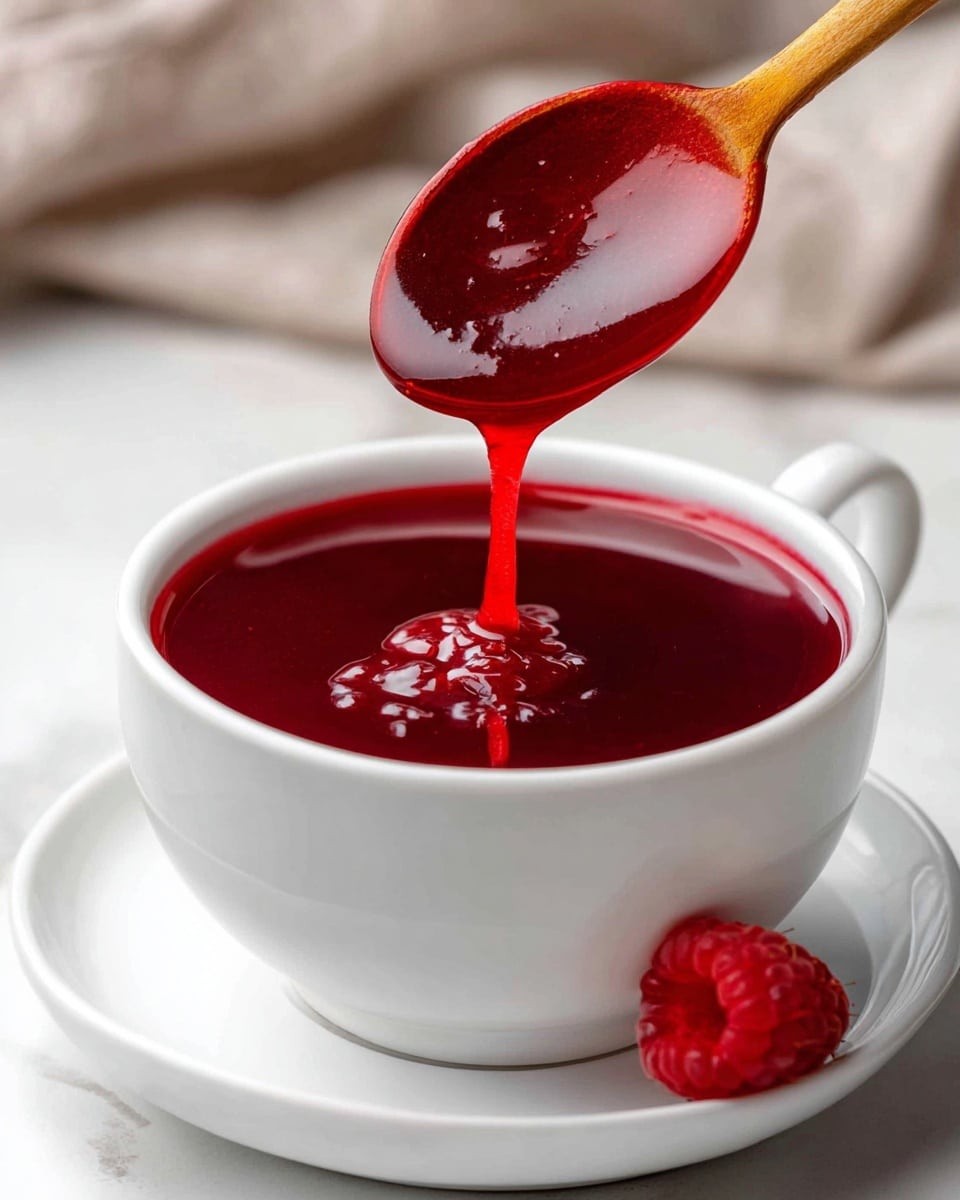 A white bowl filled with thick, shiny deep red sauce that looks smooth with a few small lumps, held above by a wooden spoon dripping the sauce back into the bowl. The bowl sits on a white saucer with a single fresh red raspberry on the edge, all on a white marbled surface with a soft blurred background. Photo taken with an iphone --ar 4:5 --v 7