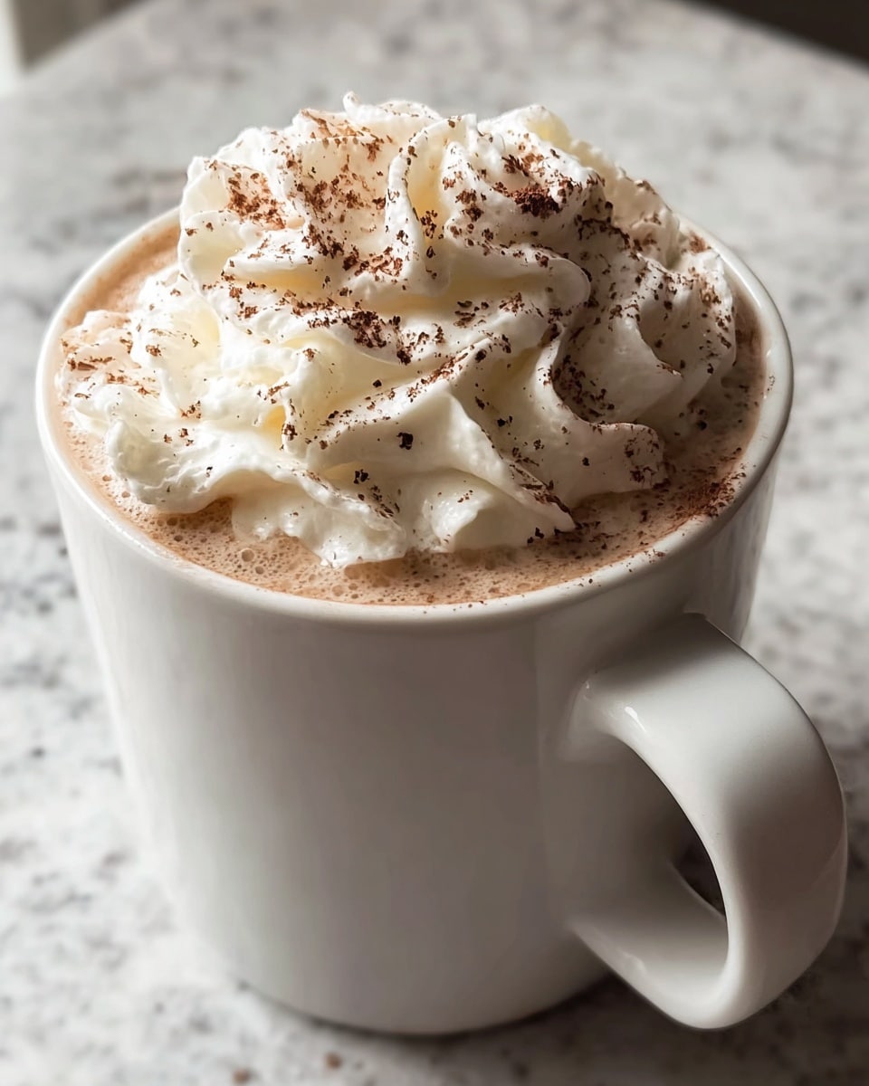 A white mug filled with a light brown creamy drink, topped with a thick, swirled layer of white whipped cream that rises above the mug's rim. The whipped cream has a soft and fluffy texture and is sprinkled evenly with a fine dark brown powder, likely cinnamon or cocoa. The mug sits on a white marbled surface that reflects natural light softly. Photo taken with an iphone --ar 4:5 --v 7