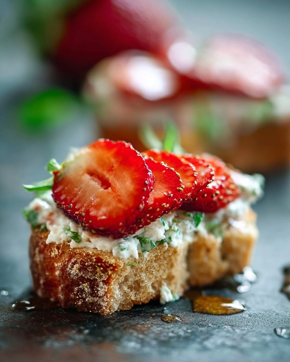 The image shows a close-up of a small open sandwich with three visible layers. The bottom layer is a rough-textured, golden-brown piece of bread. On top is a creamy white spread mixed with some green leafy herbs adding a fresh texture. The third layer consists of several sliced strawberries, bright red with specks of white seeds, arranged on top with one strawberry prominently placed at an angle. The sandwich sits on a dark surface with some drops of syrup around it, and there is a blurred second sandwich in the background with similar ingredients. Photo taken with an iphone --ar 4:5 --v 7