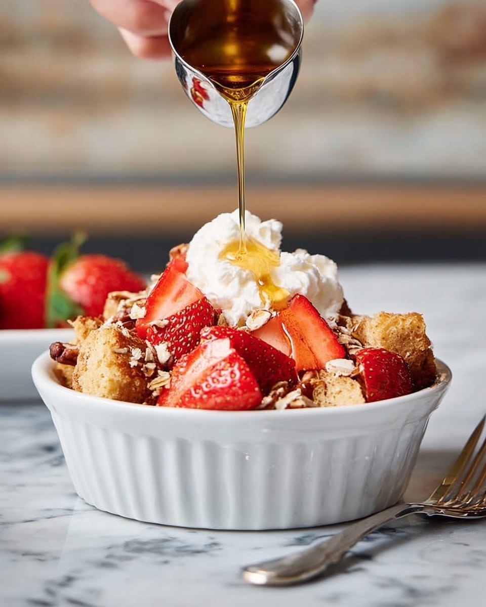 The dish shows a white fluted bowl filled with multiple layers: the bottom layer is light brown cake pieces with a soft texture, scattered with pecans and oats, giving a crunchy look; fresh bright red strawberry slices are mixed among the cake pieces, adding vibrant color; a small white dollop of whipped cream sits on one side near the strawberries; on top, a woman's hand is pouring golden syrup from a small silver cup over the dessert; the bowl is placed on a white marbled surface with a slightly blurred background, and a fork lies to the right side of the bowl. photo taken with an iphone --ar 4:5 --v 7