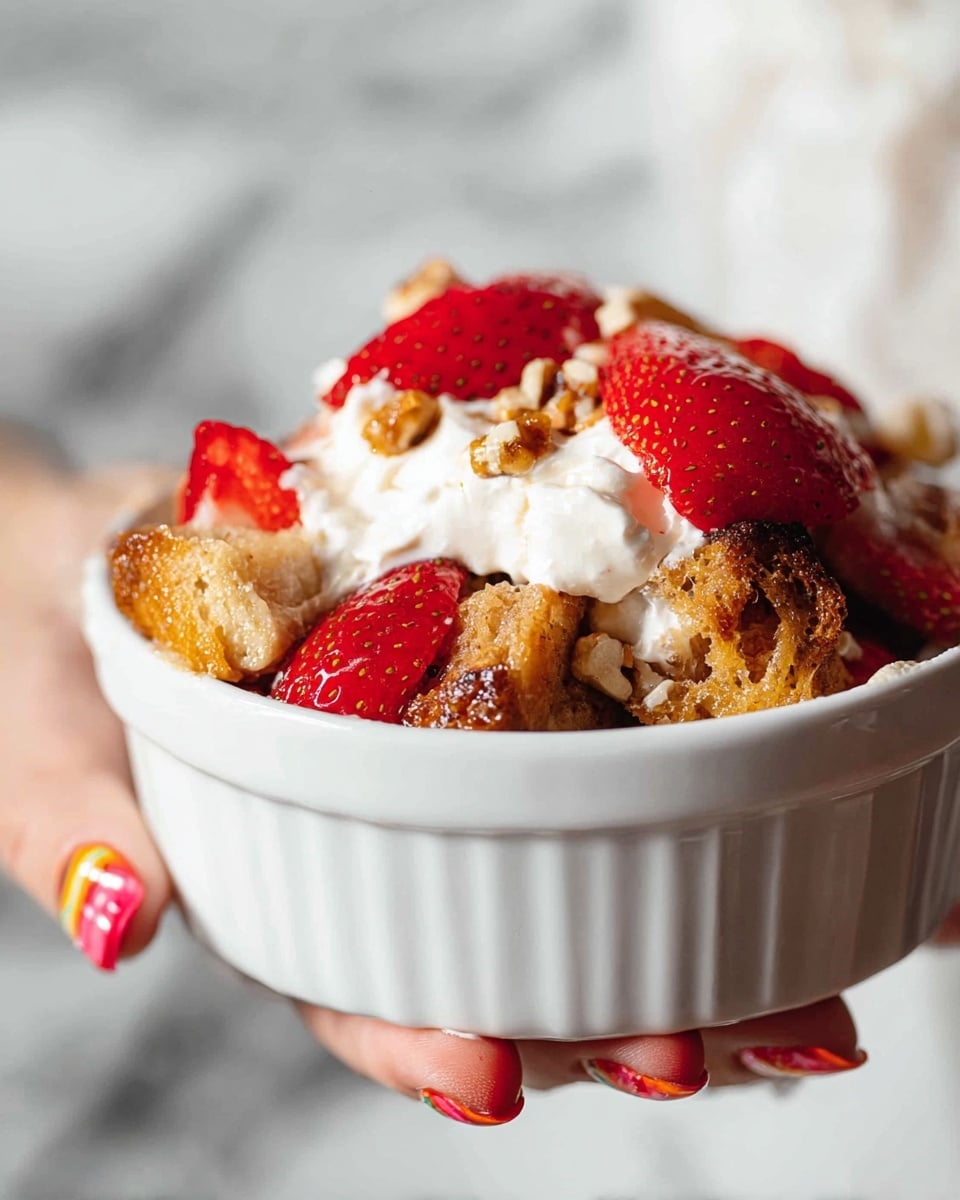 A close-up view of a white round dish held by a woman's hand with colorful nails shows a layered dessert with fresh, bright red strawberries on top mixed with white whipped cream, golden-brown crunchy nuts in the center, and soft, light brown pieces of bread pudding or cake underneath. The background has a soft, blurred white marbled texture. photo taken with an iphone --ar 4:5 --v 7