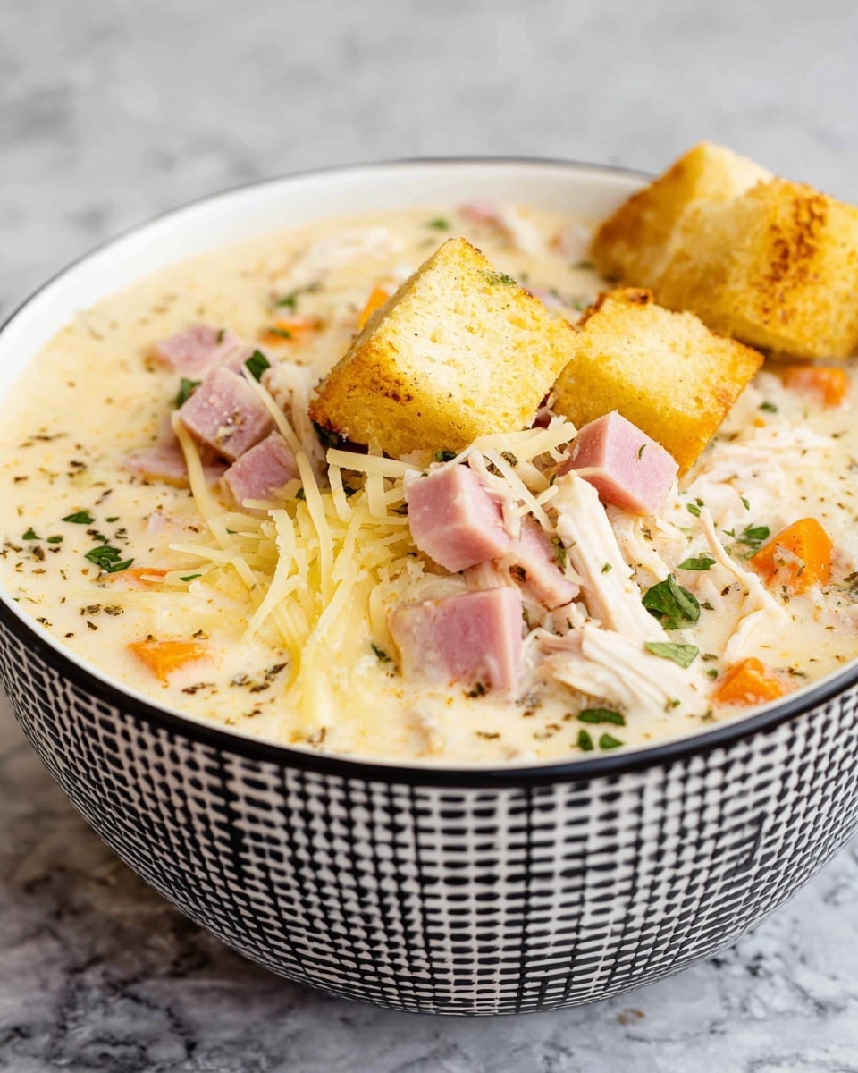 A white bowl with black checkered pattern is filled with creamy soup. The soup has visible layers of along the top with small pink cubes of ham, chunks of shredded white chicken, orange carrot pieces, and green herbs sprinkled throughout. On the surface, there are light yellow melted cheese strands on one side and three golden brown croutons resting near the edge. The bowl sits on a white marbled surface. Photo taken with an iphone --ar 4:5 --v 7