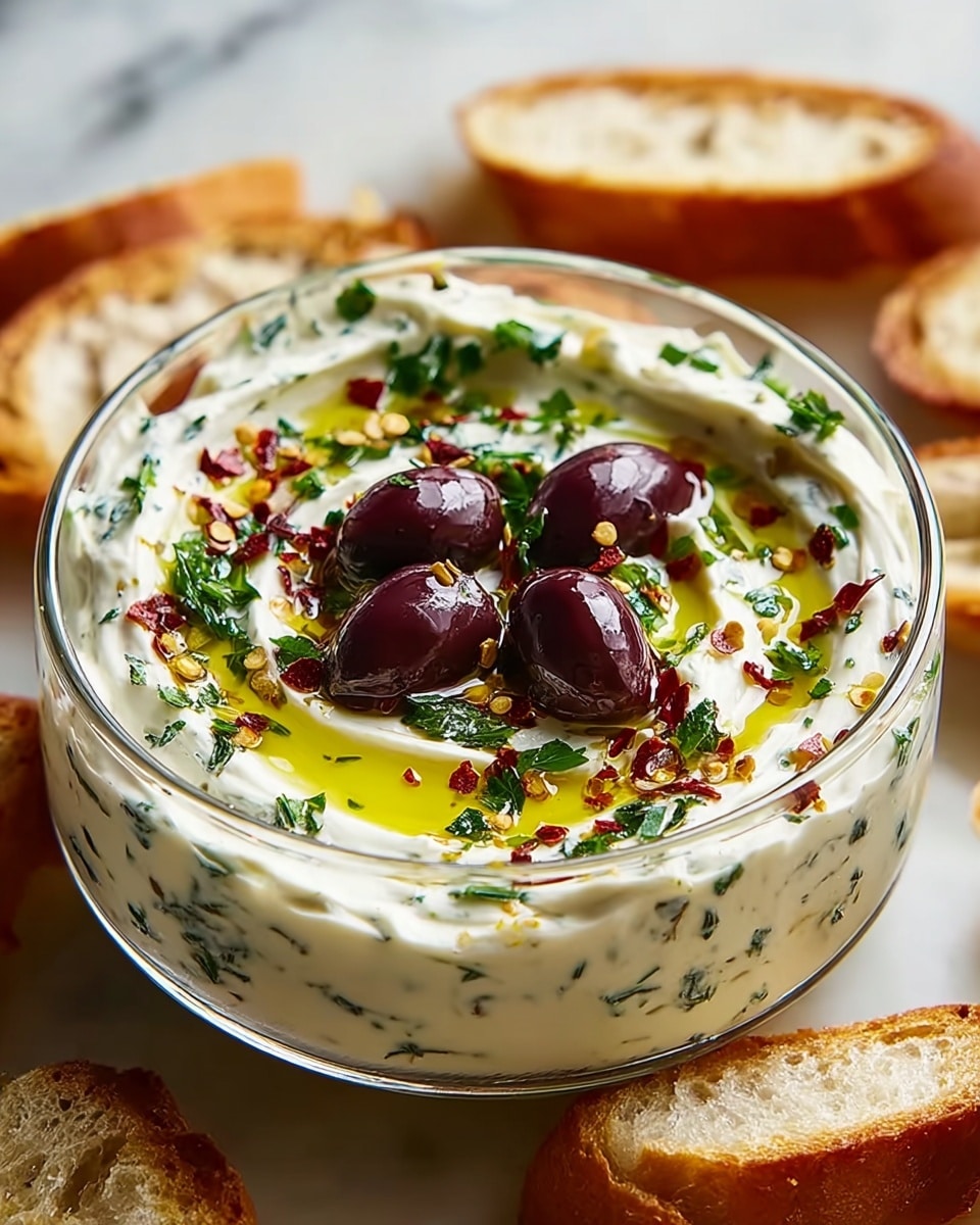 A clear glass bowl holds a creamy white dip layered smoothly with small chopped green herbs mixed throughout and swirled on top. The dip is garnished with a drizzle of yellow olive oil, red chili flakes, and chopped green herbs scattered evenly. Four glossy dark purple olives rest in the center of the dip. The bowl sits on a white marbled surface, surrounded by slices of light golden crusty bread. Photo taken with an iphone --ar 4:5 --v 7
