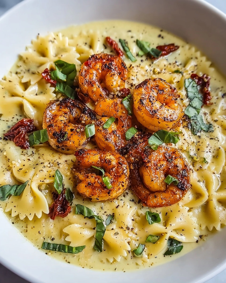 A white bowl filled with a creamy sauce layer at the bottom, light yellow in color and smooth in texture. On top of the sauce is a layer of bowtie pasta, pale yellow with ridged edges, scattered evenly across the sauce. Sitting on the pasta are five grilled shrimp, orange with dark grill marks, arranged in a small cluster in the middle. Small pieces of sun-dried tomatoes, dark red and slightly shriveled, are mixed throughout the pasta layer. Fresh green basil strips are sprinkled on top, adding a touch of color. The dish is slightly sprinkled with black pepper for seasoning. Photo taken with an iphone --ar 4:5 --v 7